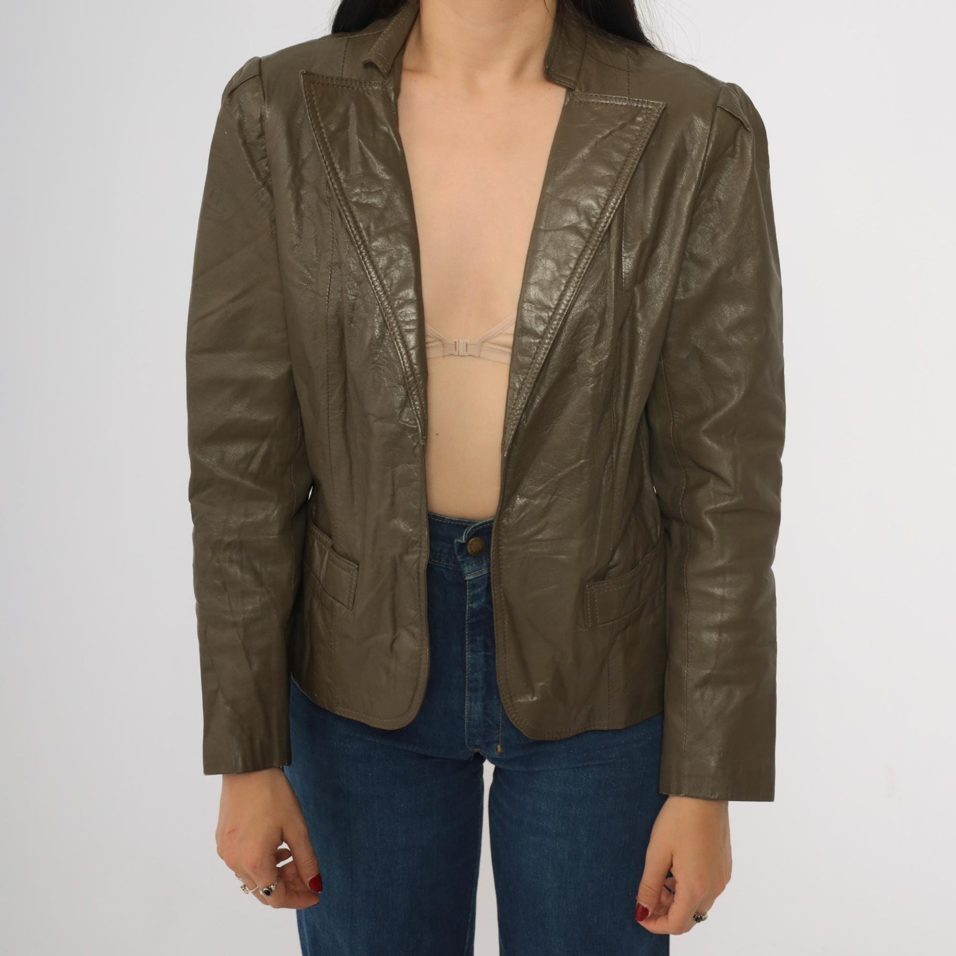 80s Carlisle Couture Brown Leather Blazer Puff Sleeve Open Front Small