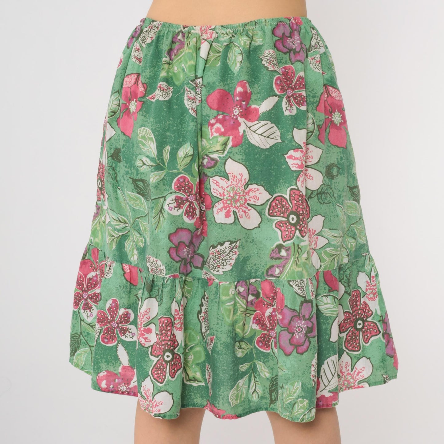 80s Green Floral Tiered Skirt High Waist Pink Print Knee Length Small Medium