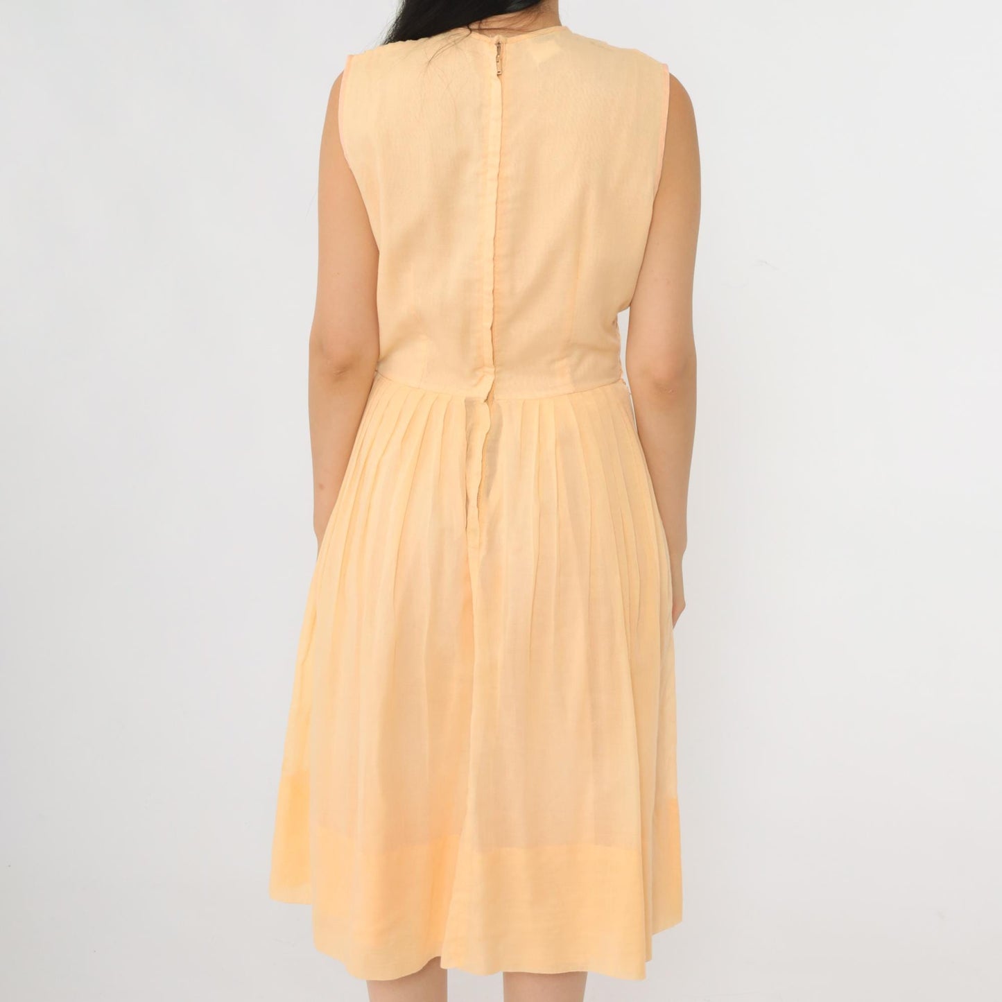 60s Peach Pleated Fit and Flare Midi Dress Sleeveless High Waist Small S