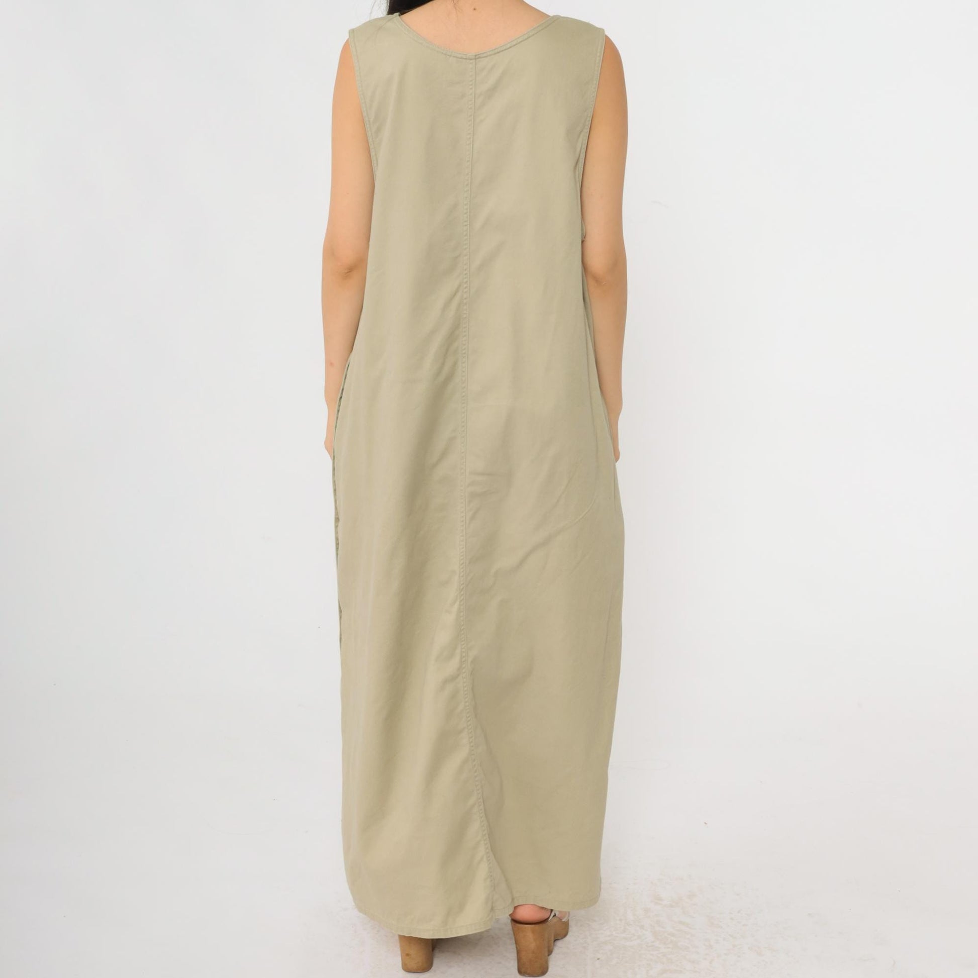 90s Safari Jumper Dress Khaki Embroidered Animals Maxi Sleeveless Extra Large XXL