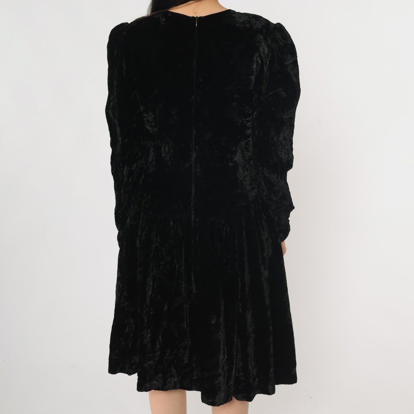 80s Black Velvet Midi Dress White Lace Basque Waist Puff Sleeve Medium