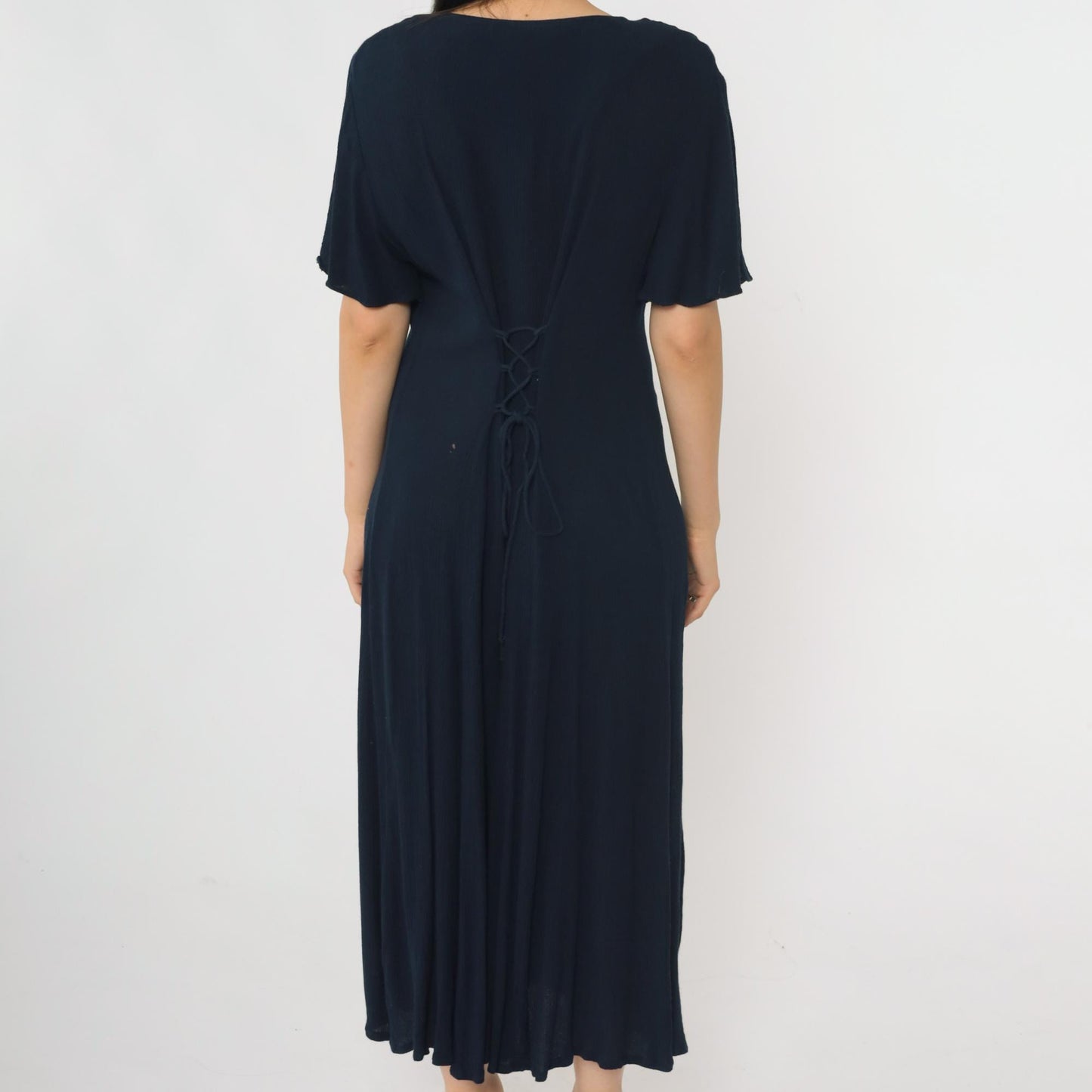 90s Navy Crinkled Rayon Button-Up Shirtdress Ankle Length Medium