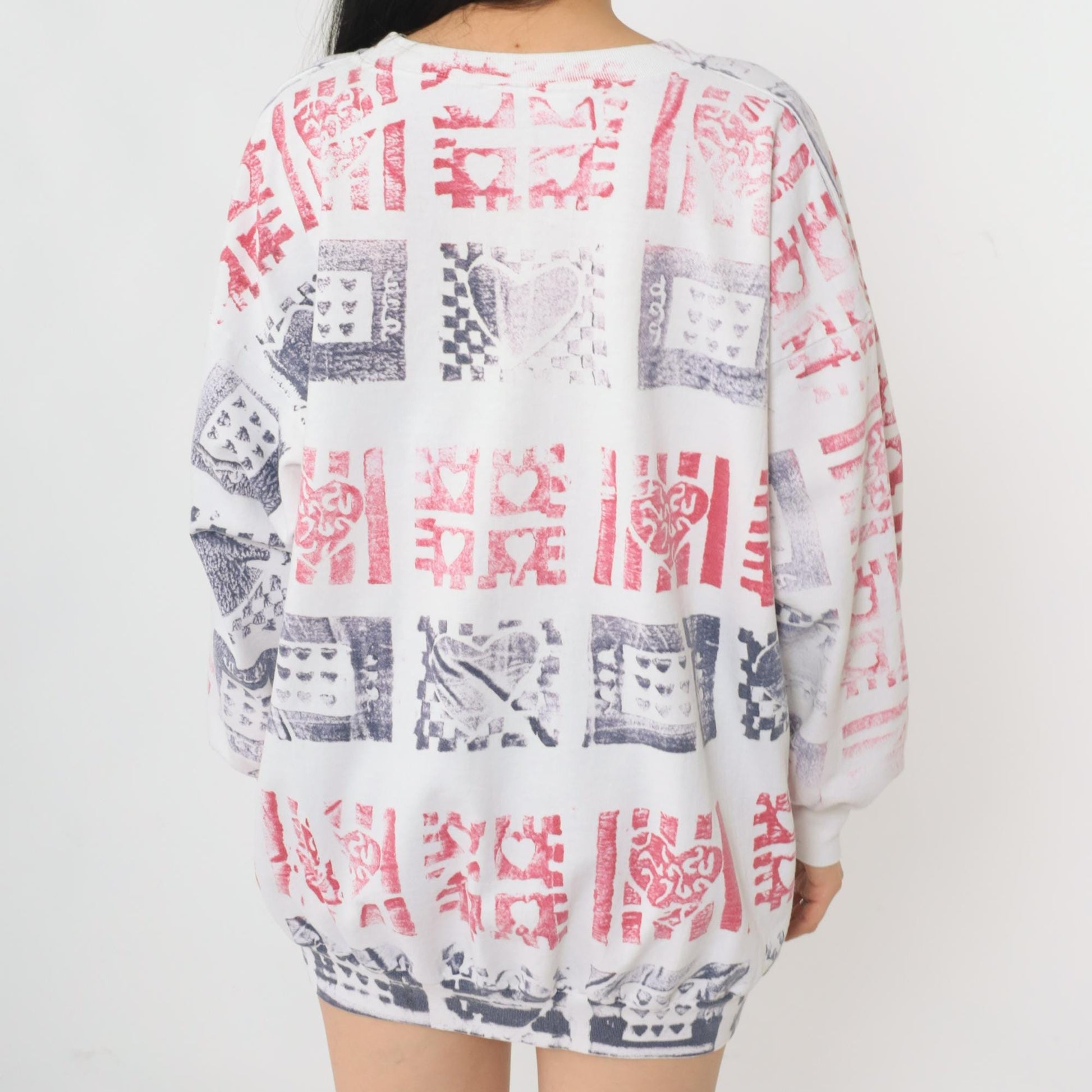 90s Heart Block Print Sweatshirt White Crewneck Pullover Extra Large XXL
