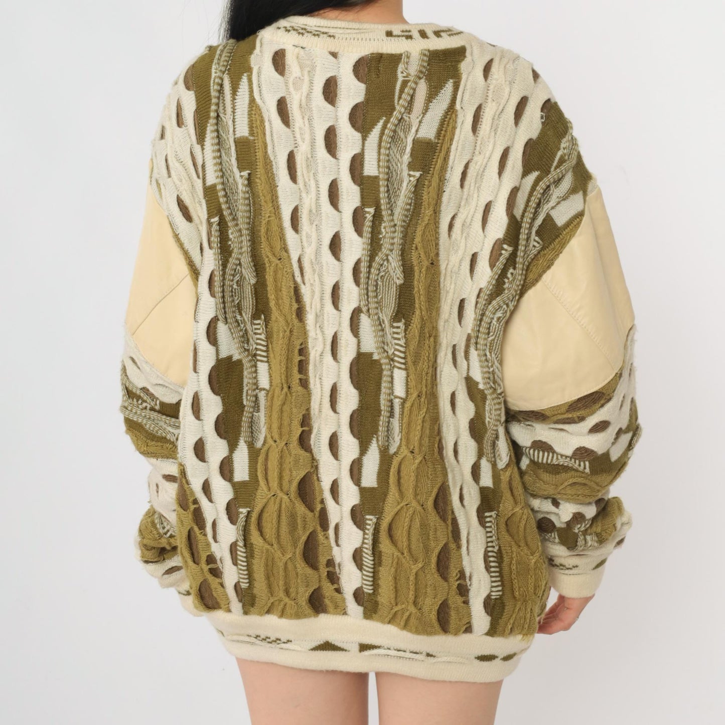 80s Patchwork Leather Sweater Cream Geometric Crewneck Large L