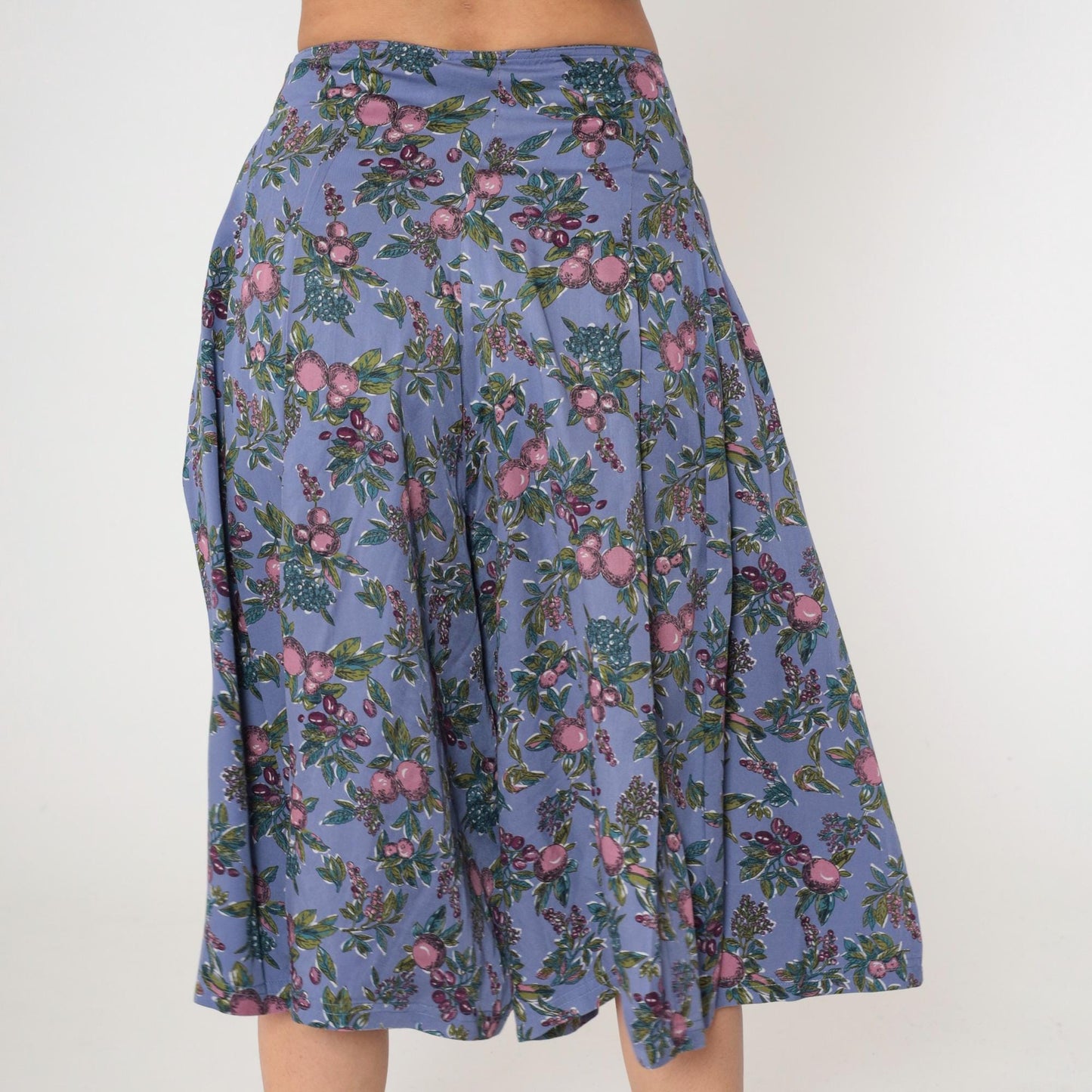 90s Cambridge Dry Goods Culotte Pants Purple Fruit Print High Waist Pleated Medium