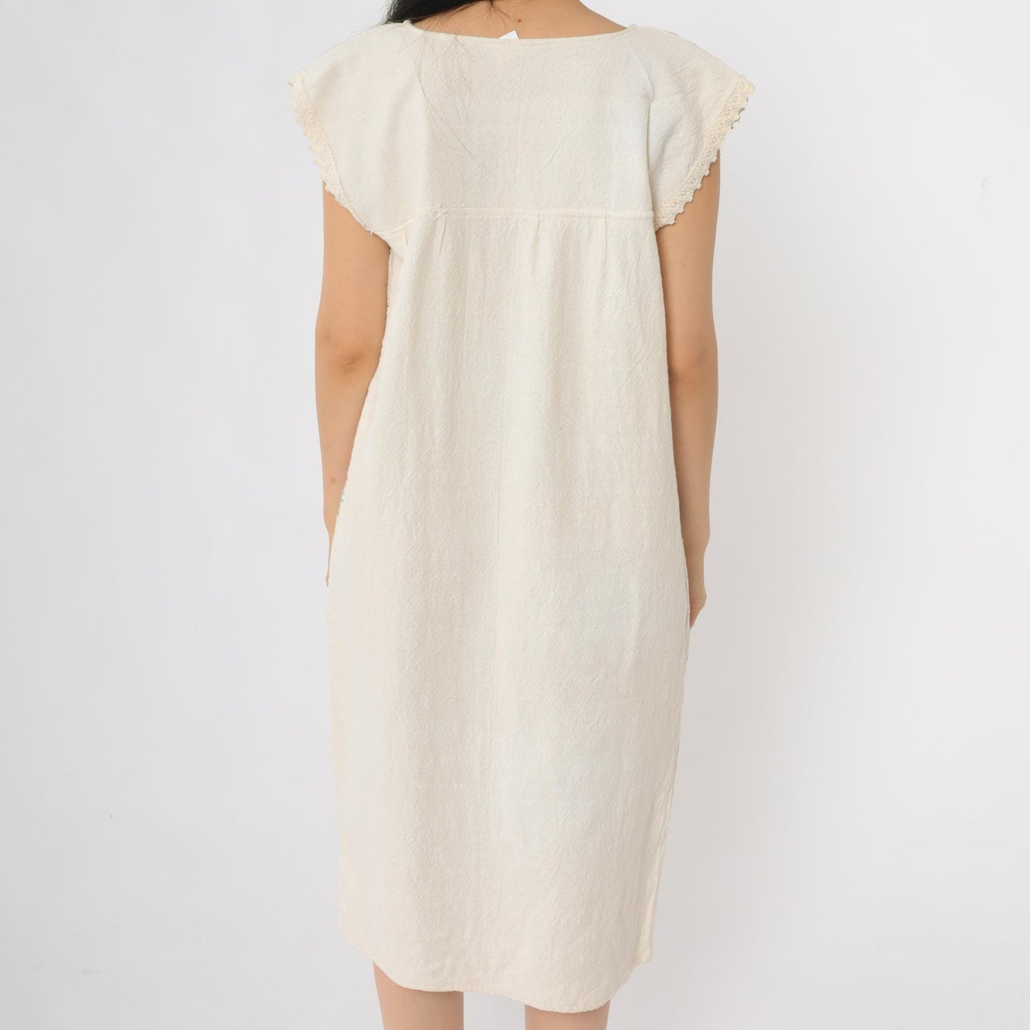 90s Mexican Embroidered Cotton Midi Dress Off-White Floral Bird Small S