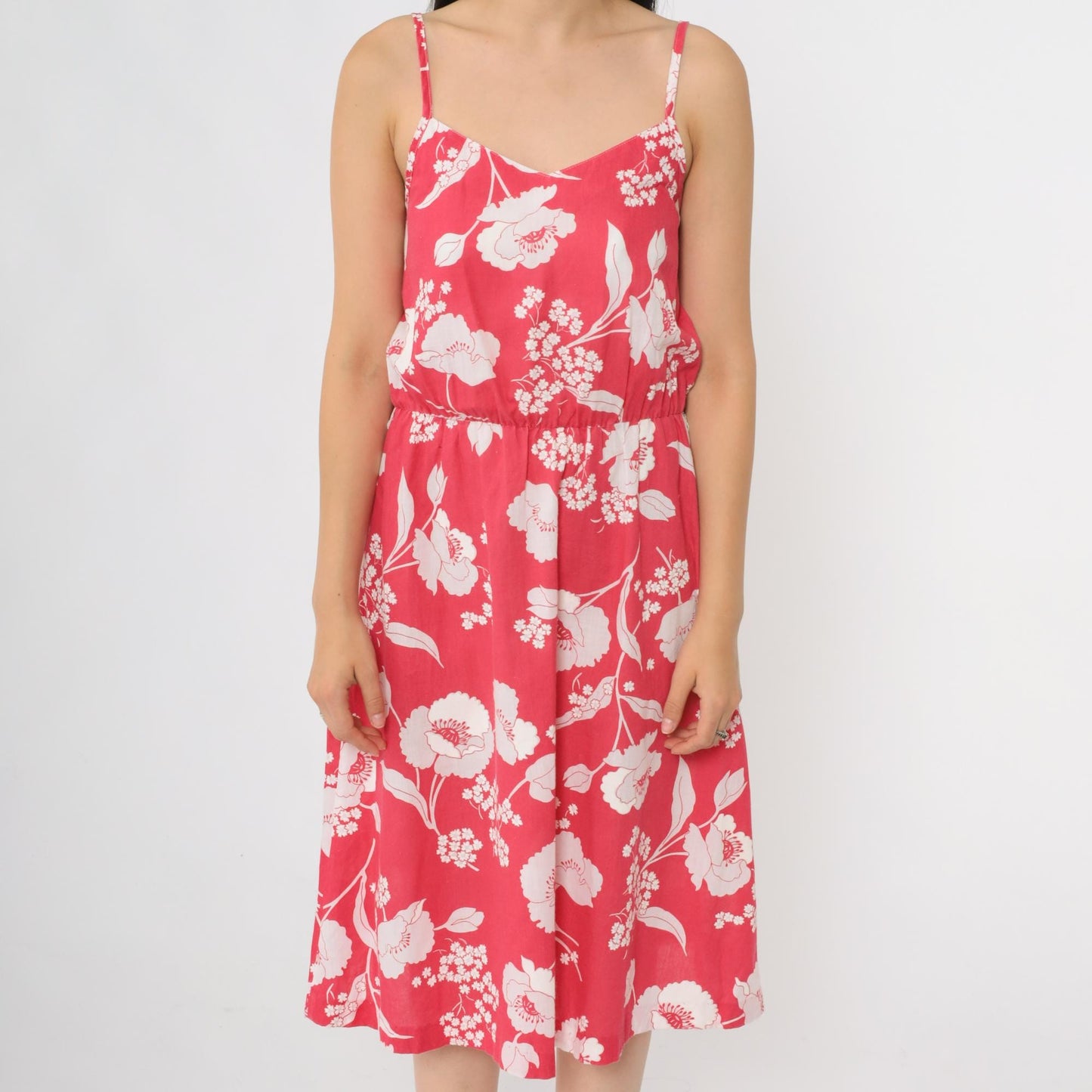 80s Pink Floral Midi Sundress High Waist Sweetheart Neckline Spaghetti Strap Small
