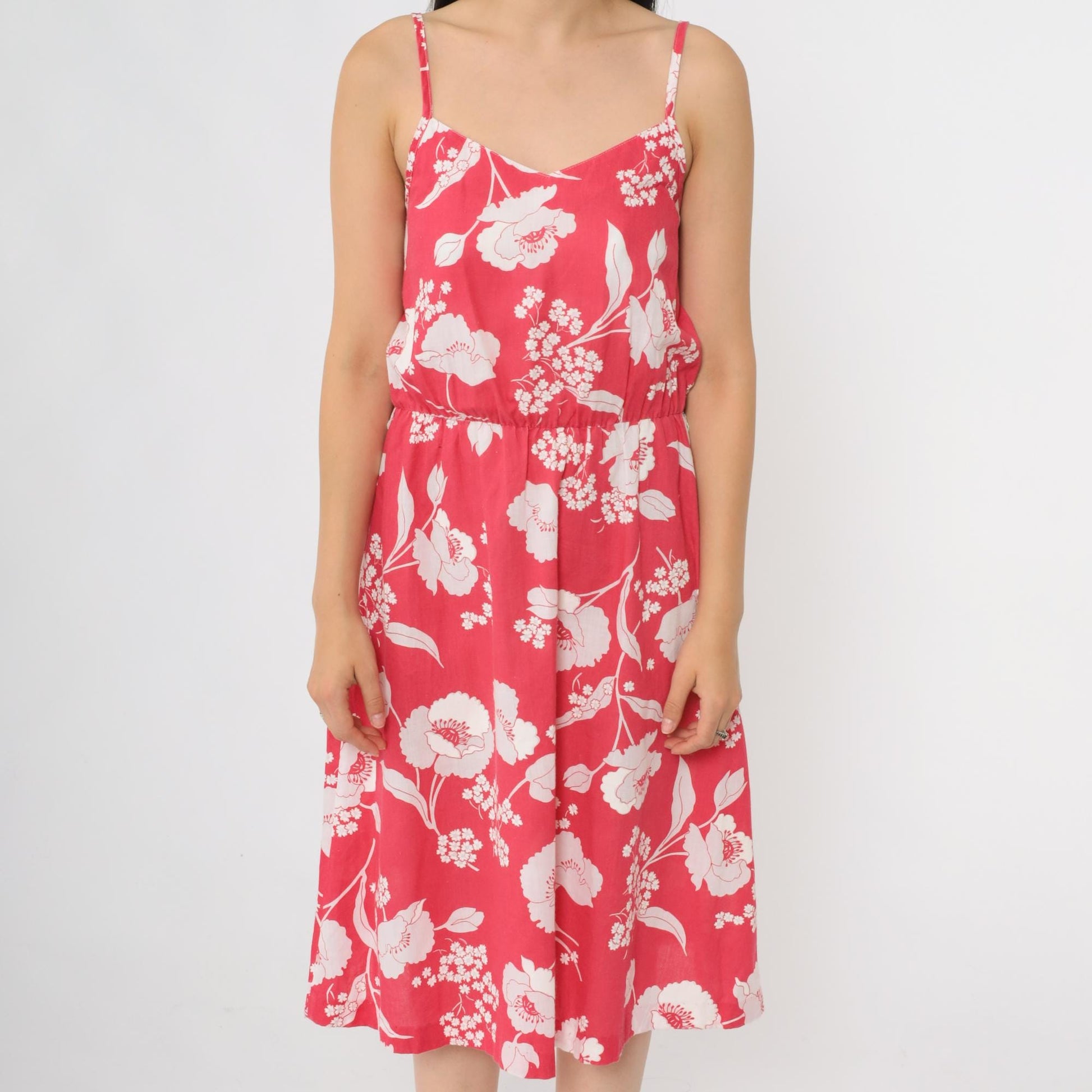 80s Pink Floral Midi Sundress High Waist Sweetheart Neckline Spaghetti Strap Small