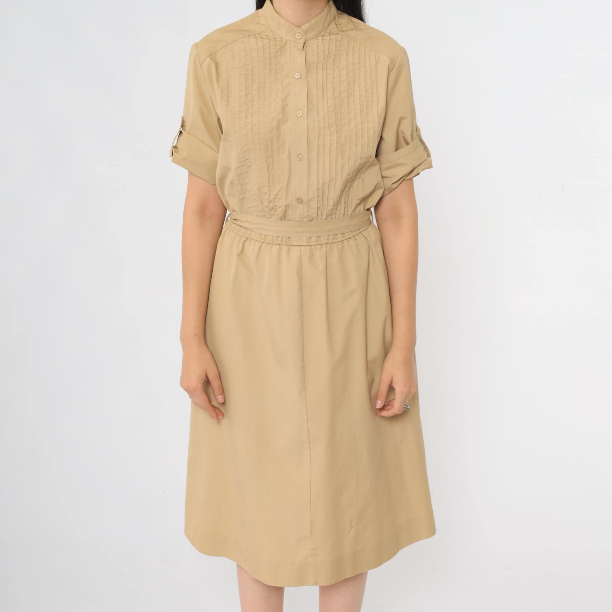 80s Tan Utility Shirtdress Midi Pintuck High Waist Button Up Medium