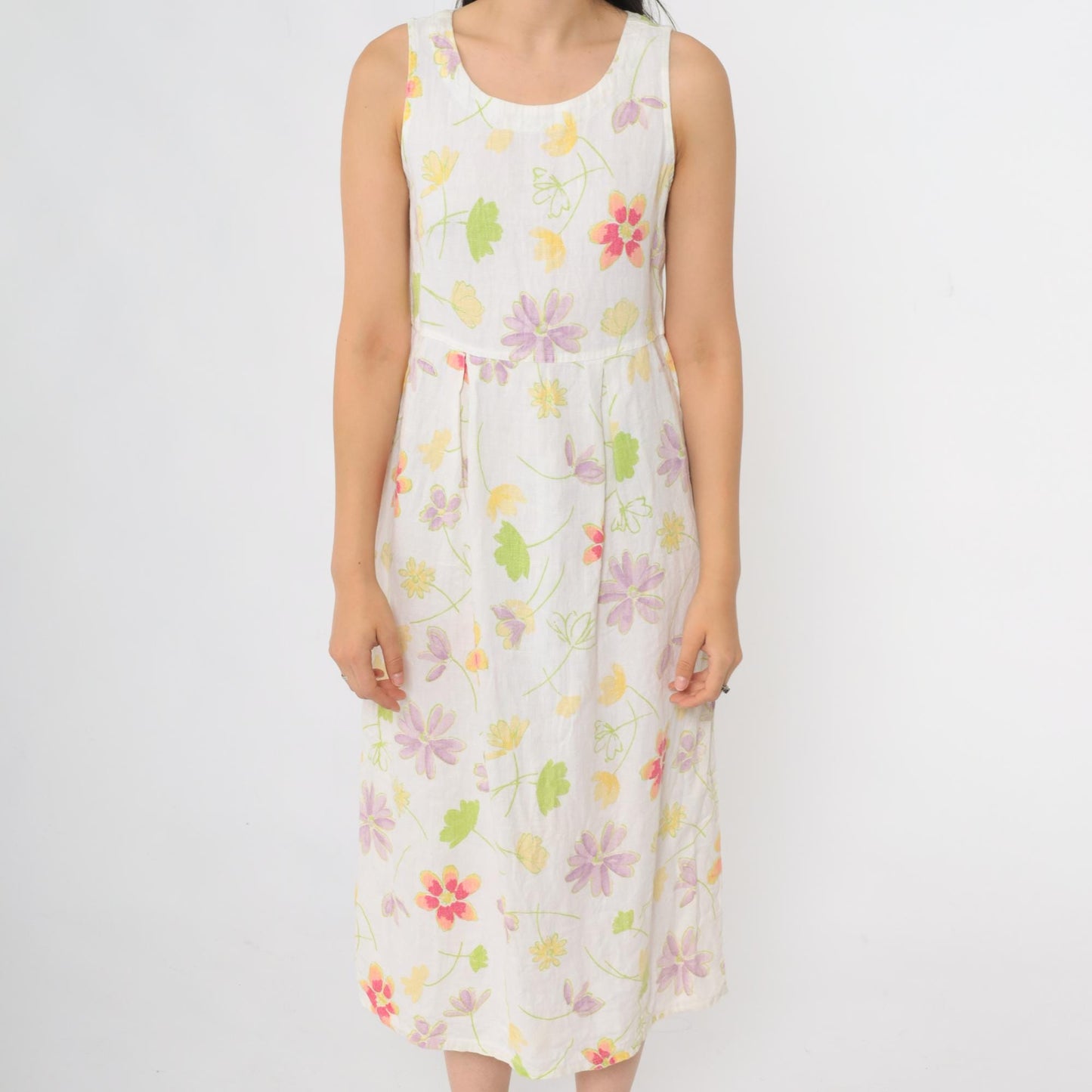 90s White Floral Linen Midi Dress Sleeveless High Waist Small 4