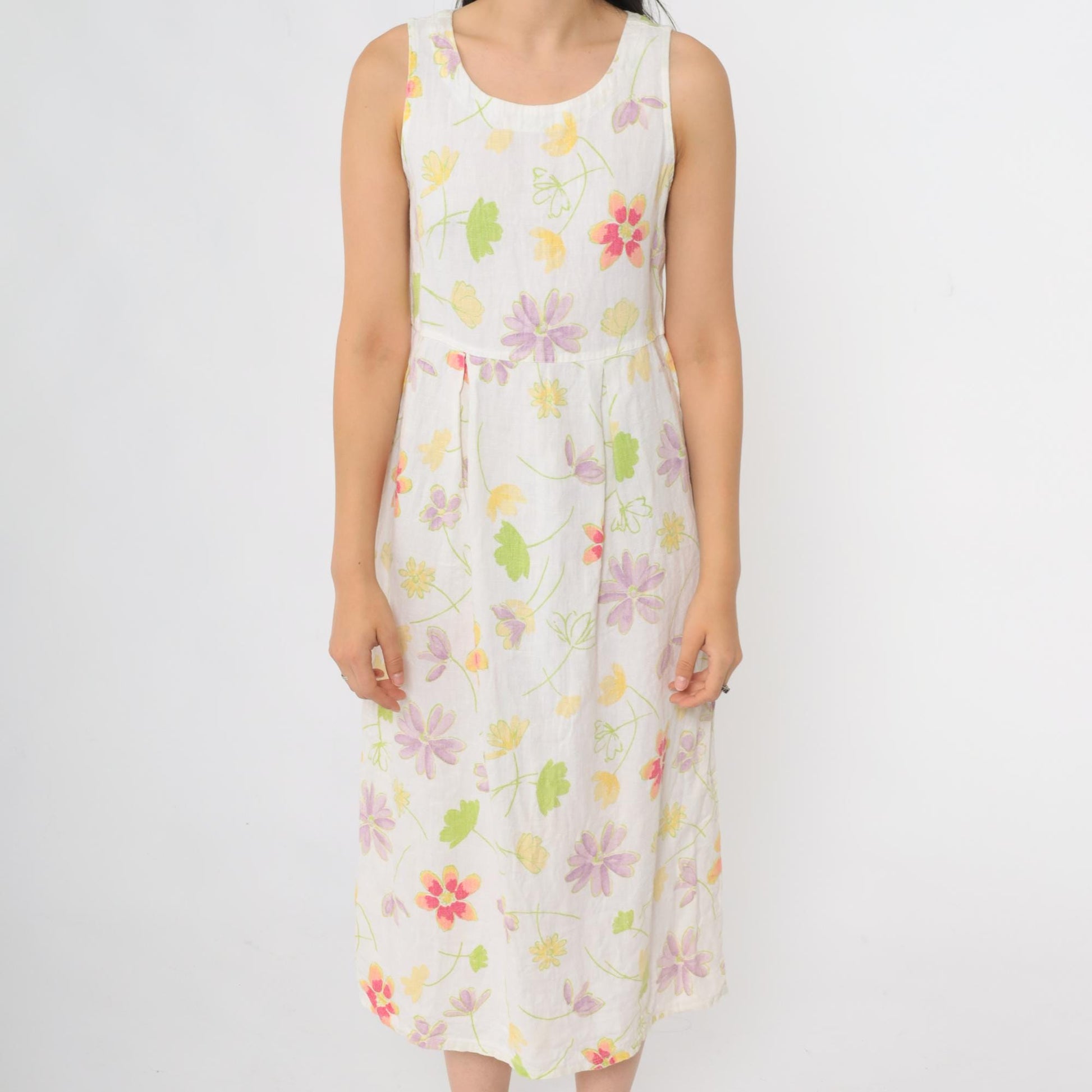 90s White Floral Linen Midi Dress Sleeveless High Waist Small 4