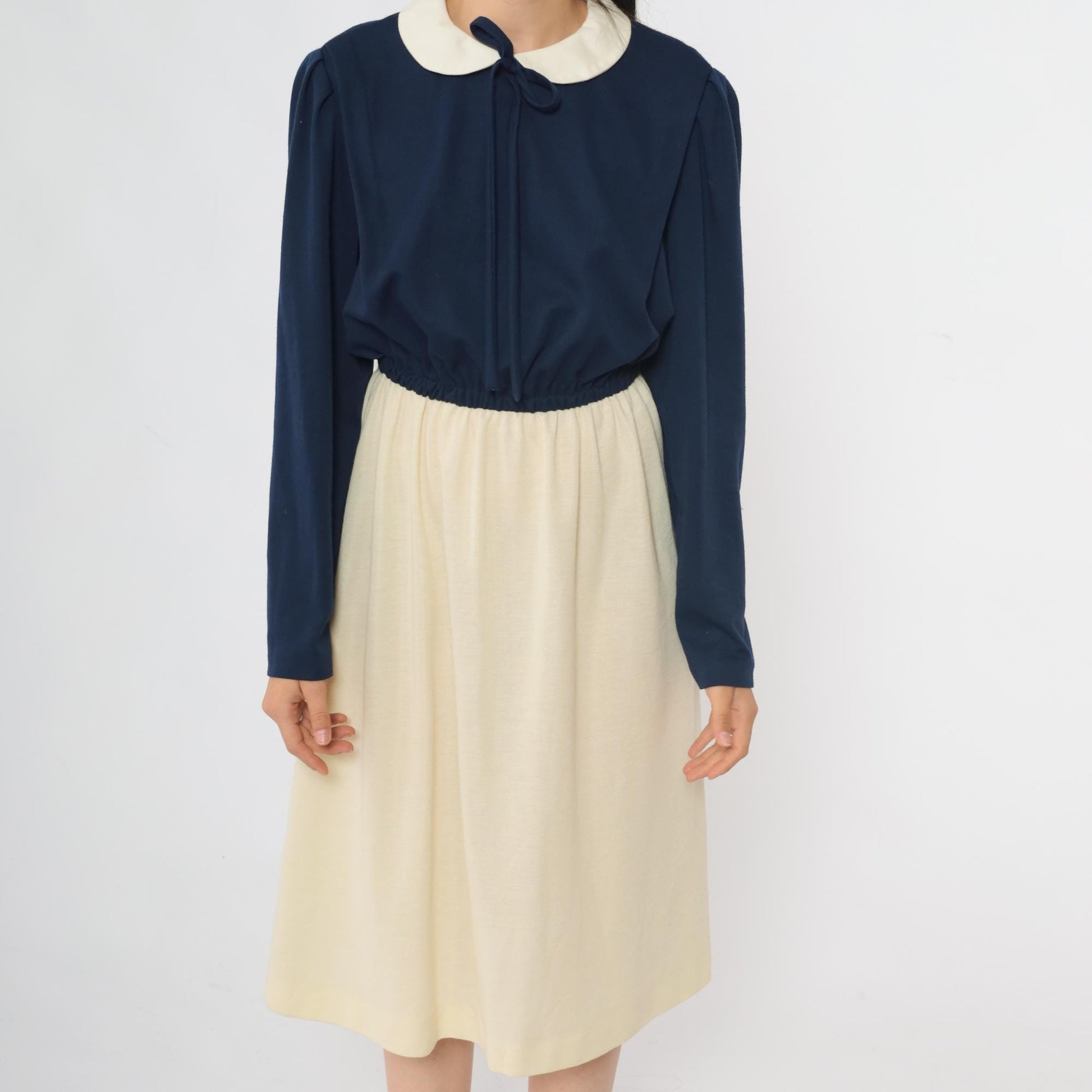 70s Checkaberry Two-Tone Midi Dress Peter Pan Collar Puff Sleeve Navy Cream Medium Large
