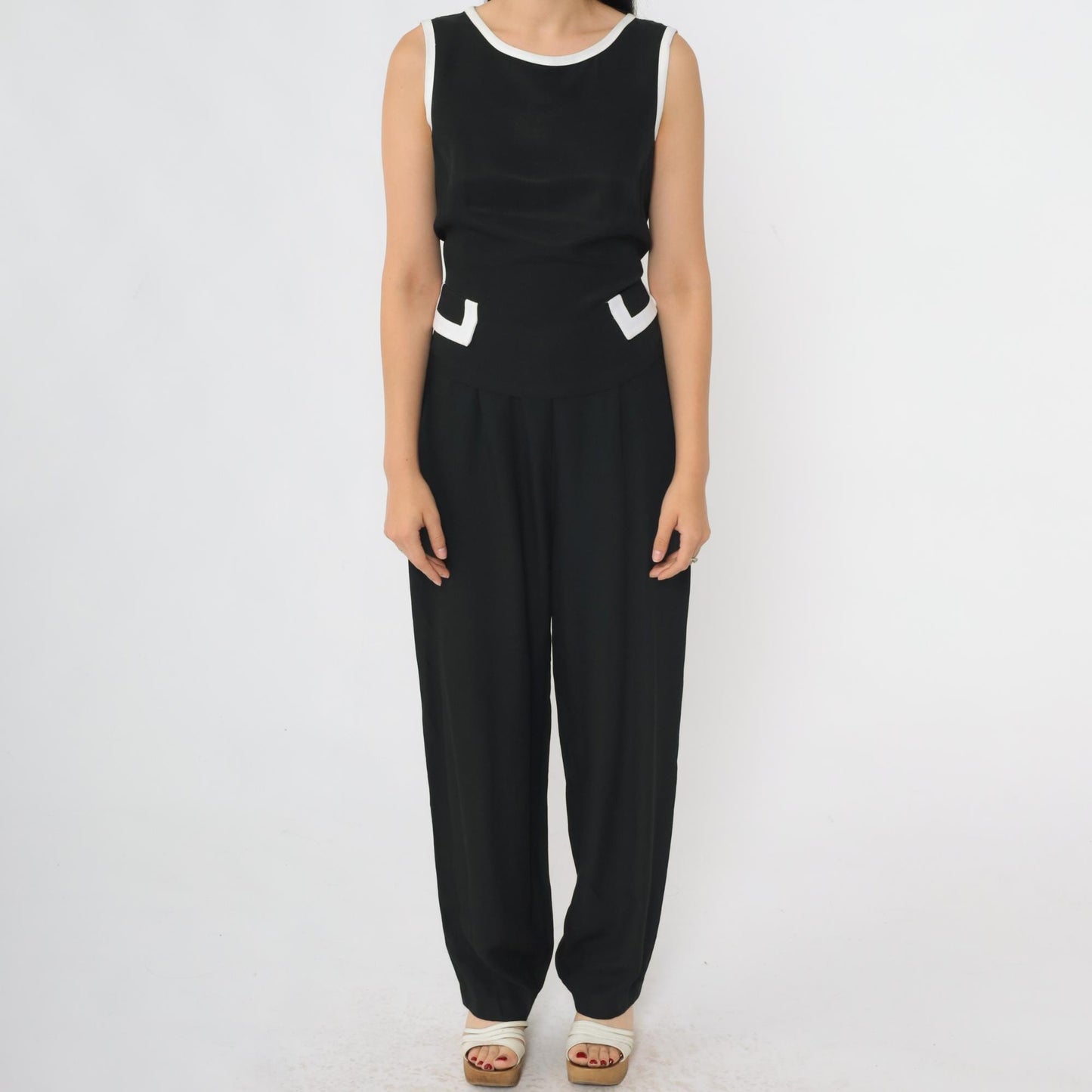 90s Black Jumpsuit White Ringer Trim Sleeveless Straight Leg Medium