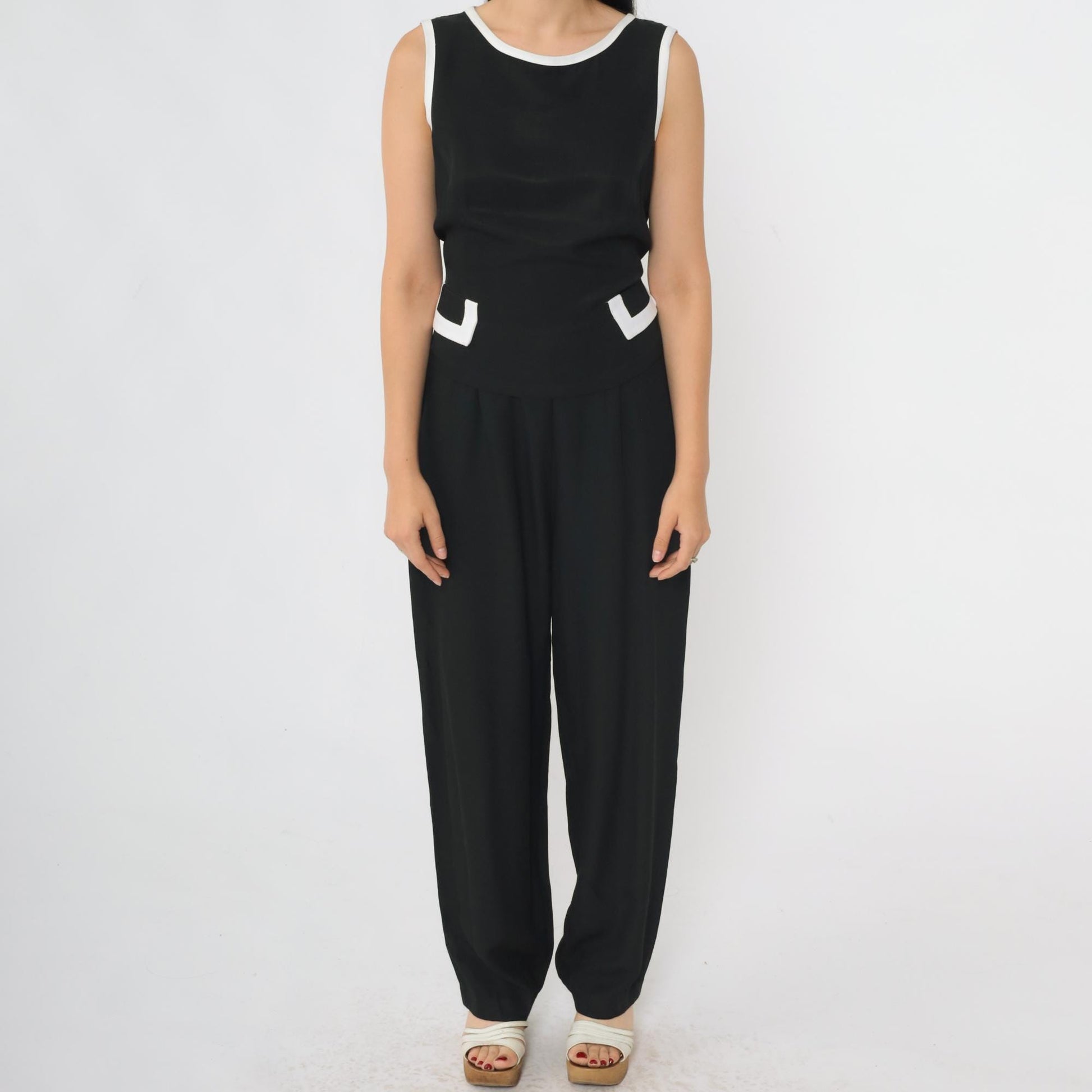 90s Black Jumpsuit White Ringer Trim Sleeveless Straight Leg Medium