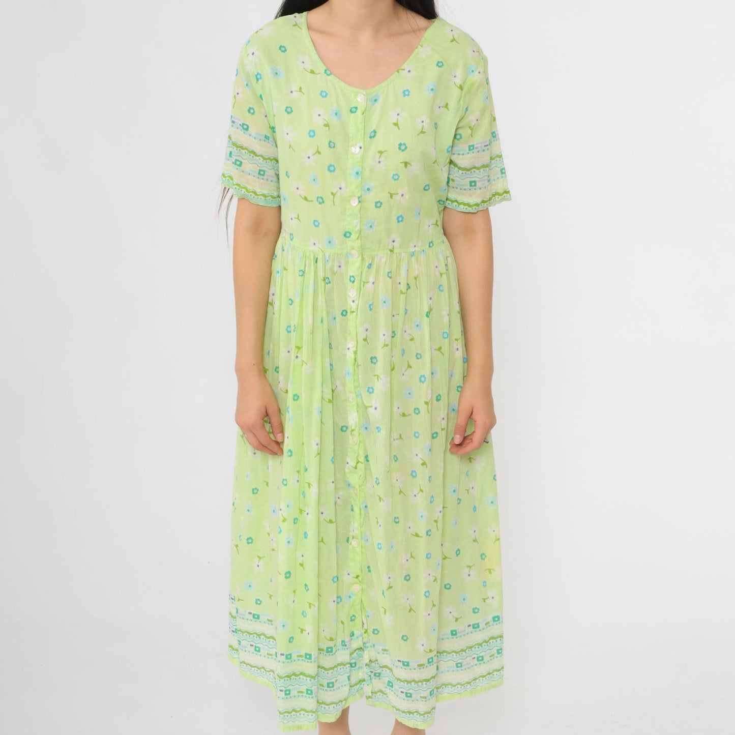 90s La Cera Lime Green Floral Midi Dress Cotton Button-Up High Waist Large