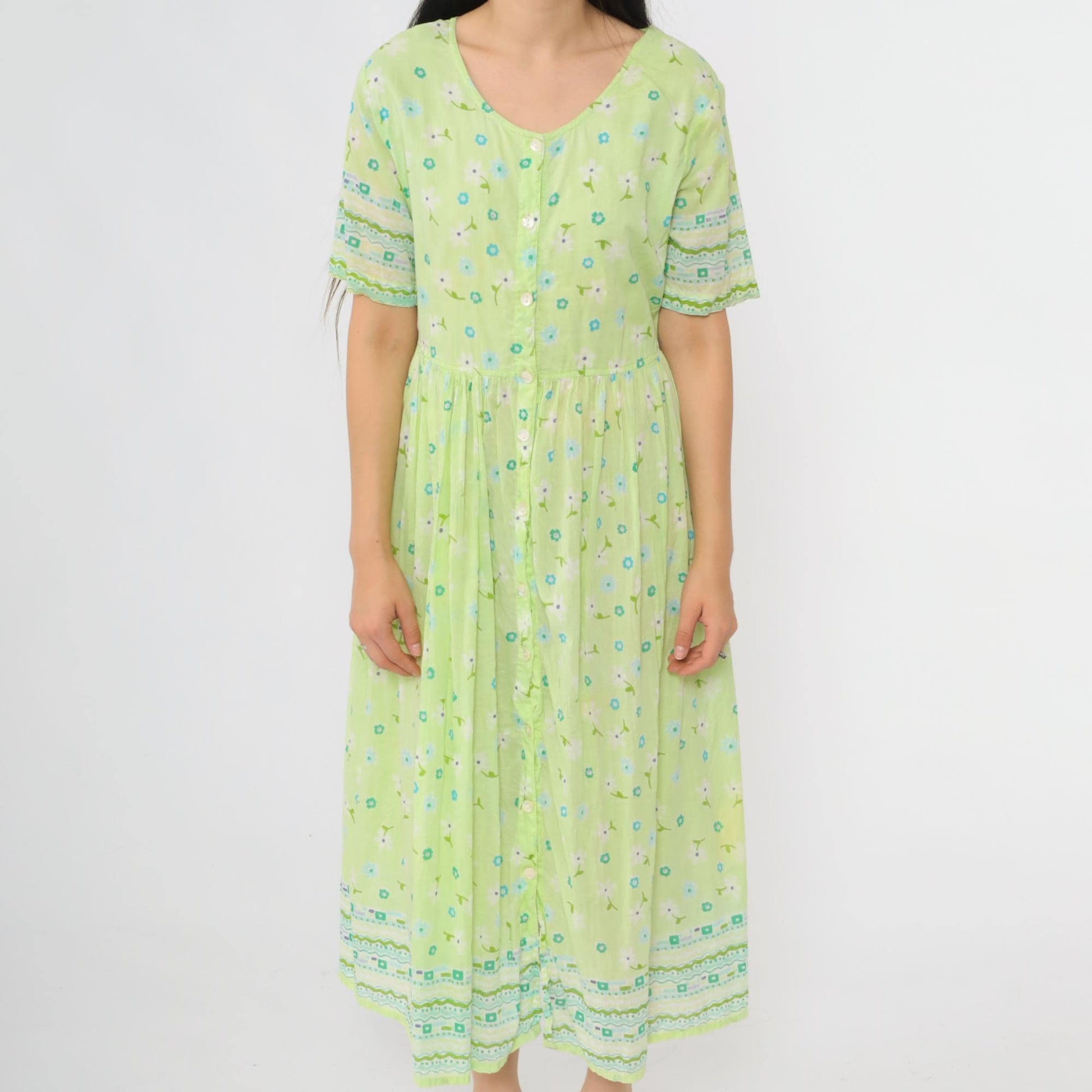 90s La Cera Lime Green Floral Midi Dress Cotton Button-Up High Waist Large