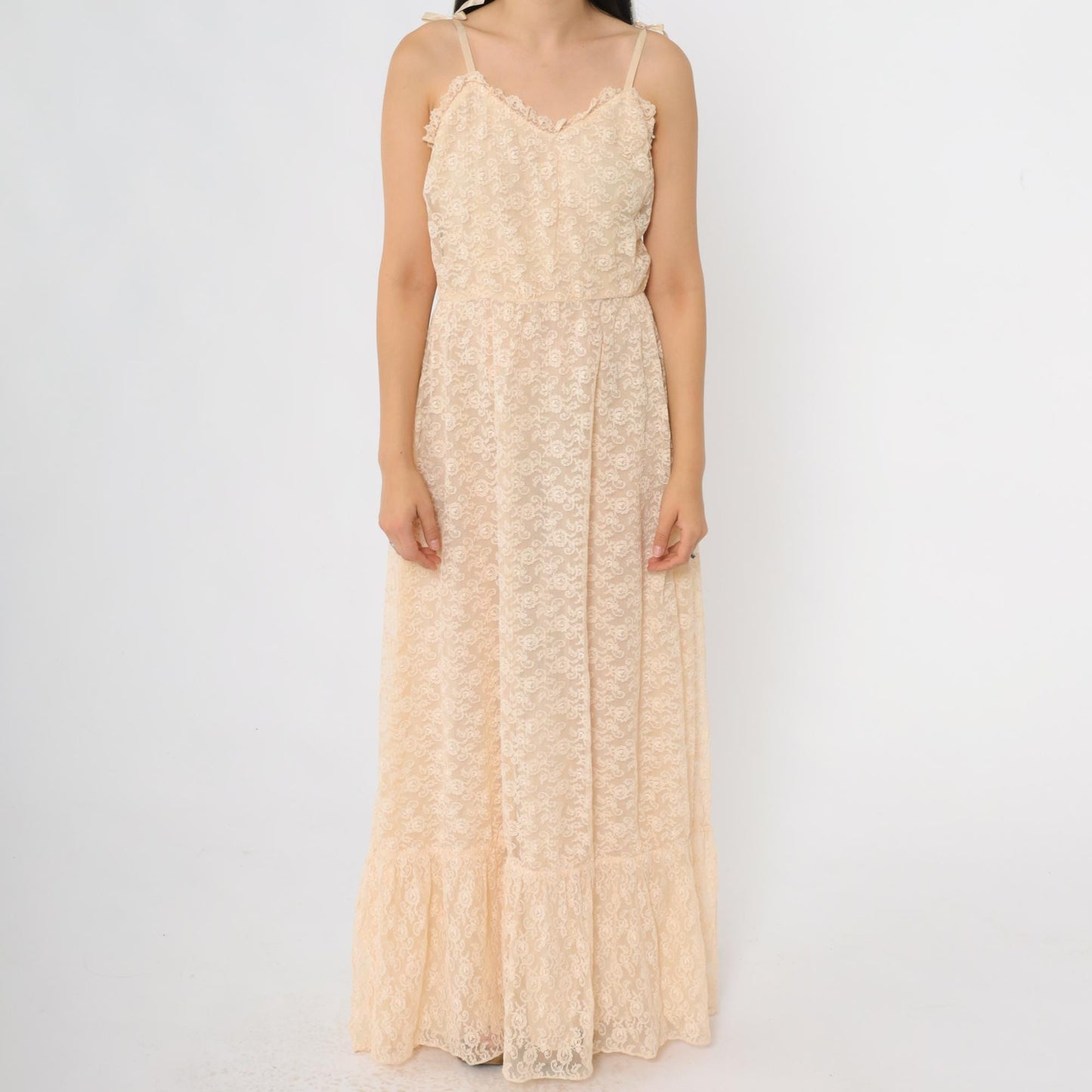 70s Peach Lace Maxi Dress Sweetheart Neckline Spaghetti Strap Small
