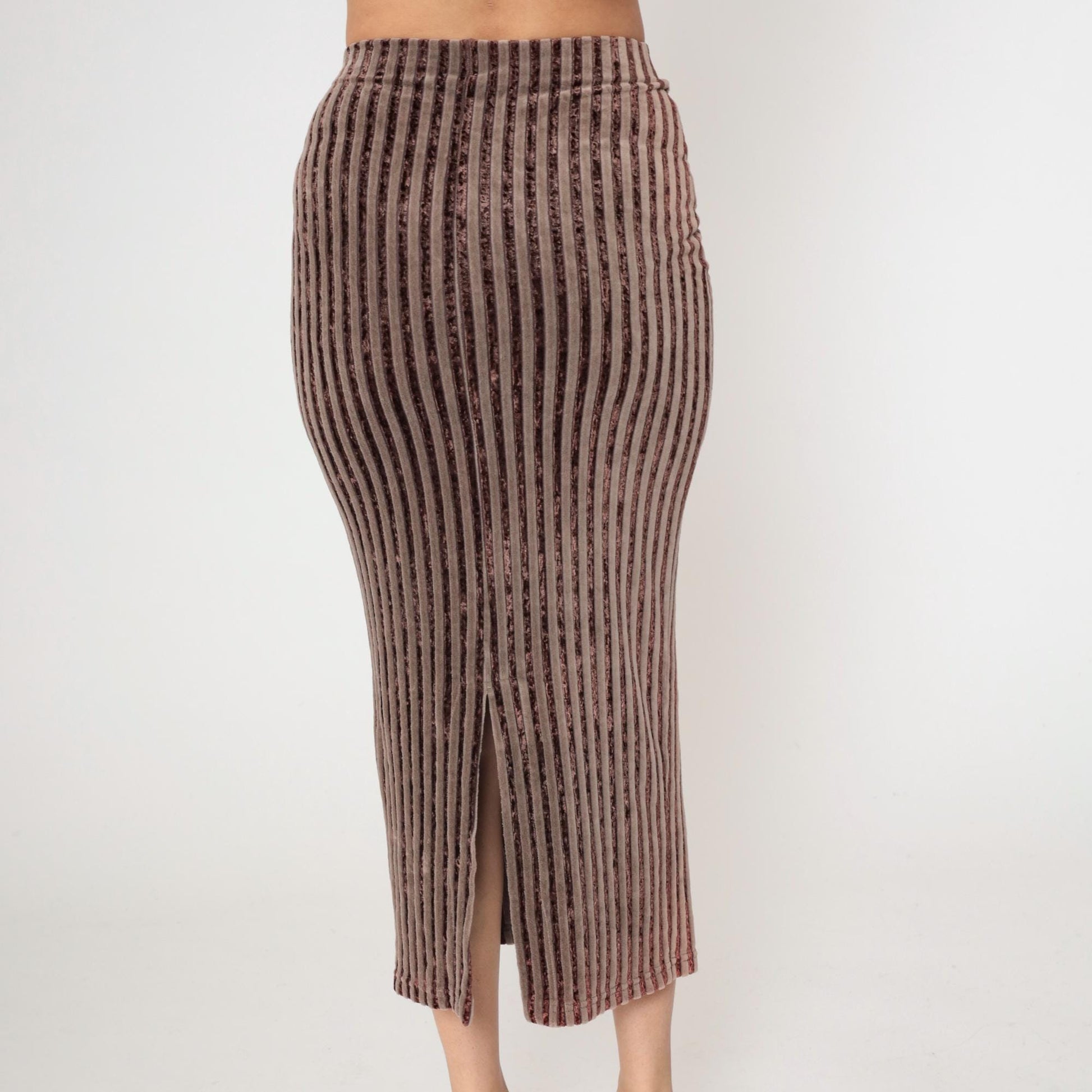 90s Brown Striped Velvet Midi Skirt High Waist Bodycon Pencil Medium