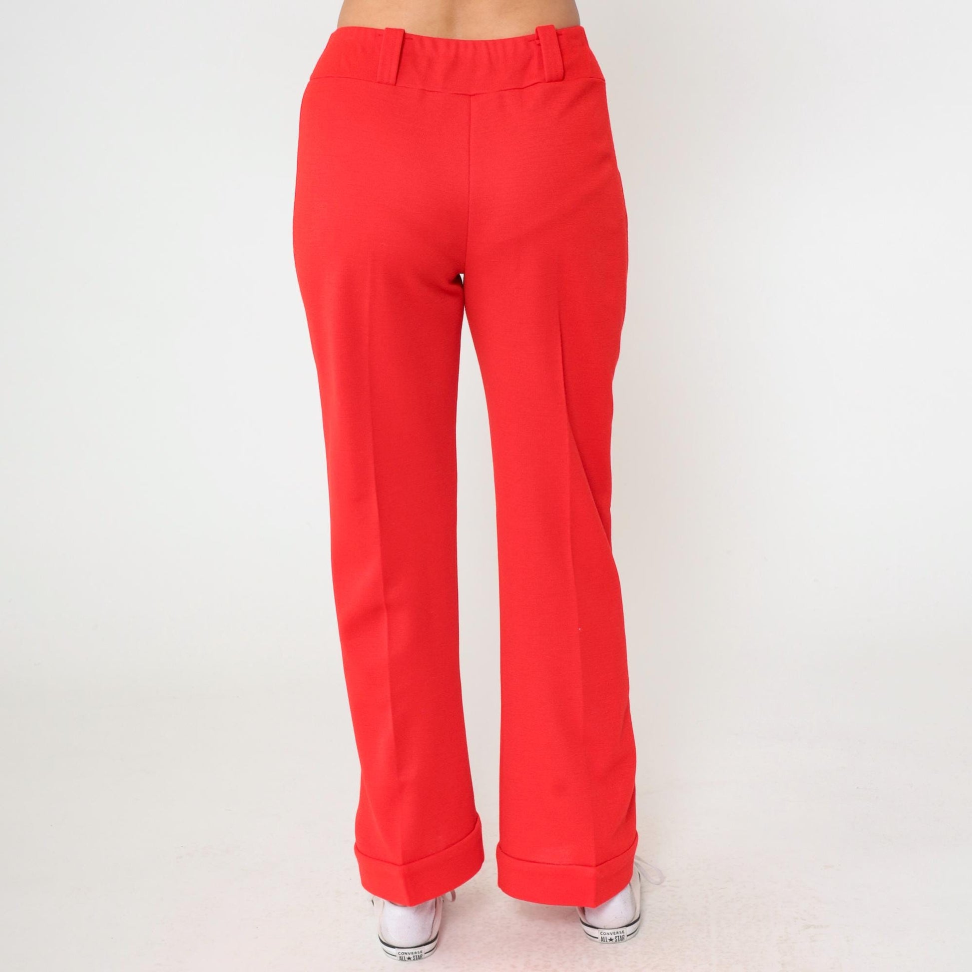 70s Red Flared High-Waist Trousers Cuffed Creased Vintage Pants Medium M
