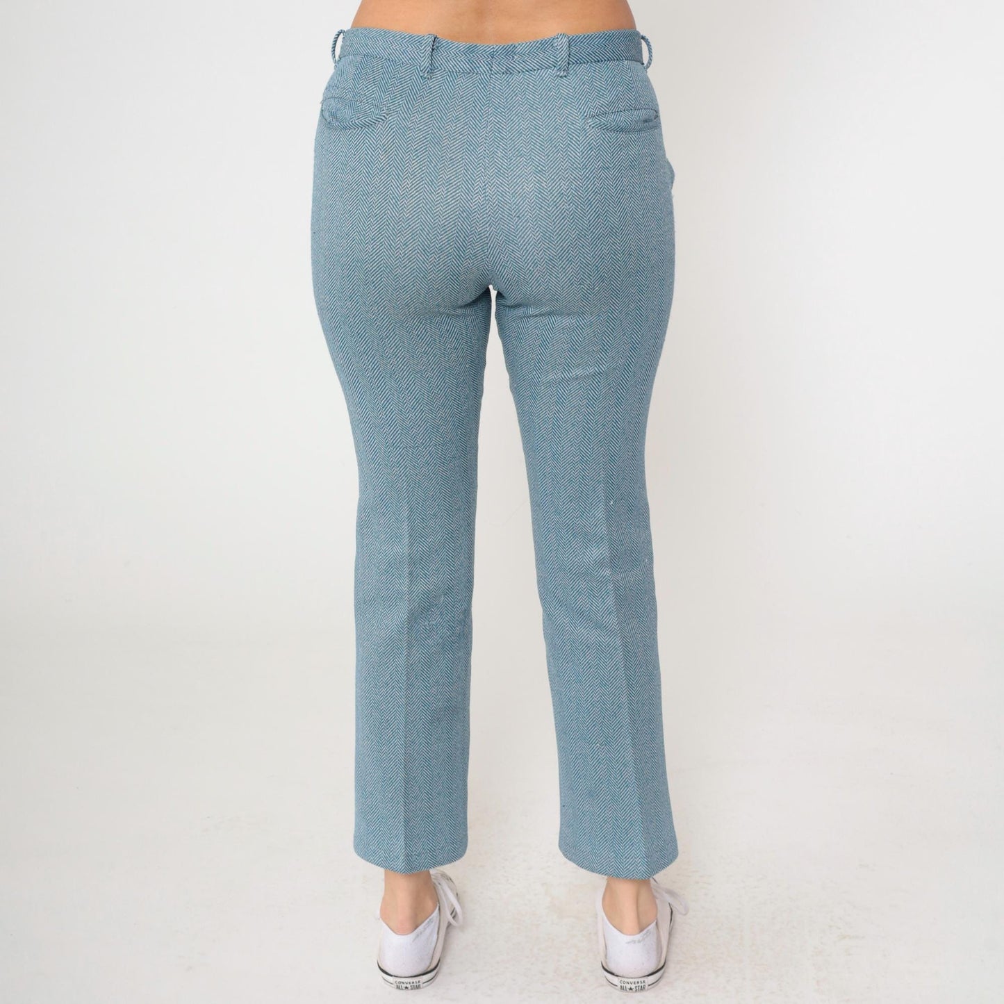 70s Blue Herringbone Bootcut Trousers Mid Rise Mod Small 6