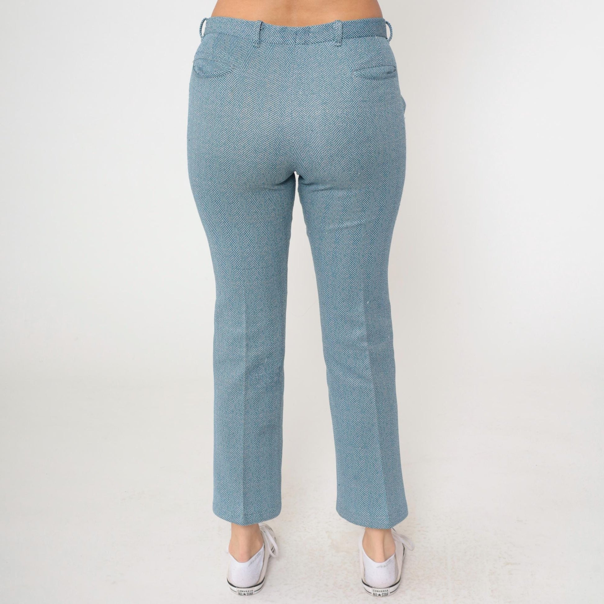 70s Blue Herringbone Bootcut Trousers Mid Rise Mod Small 6