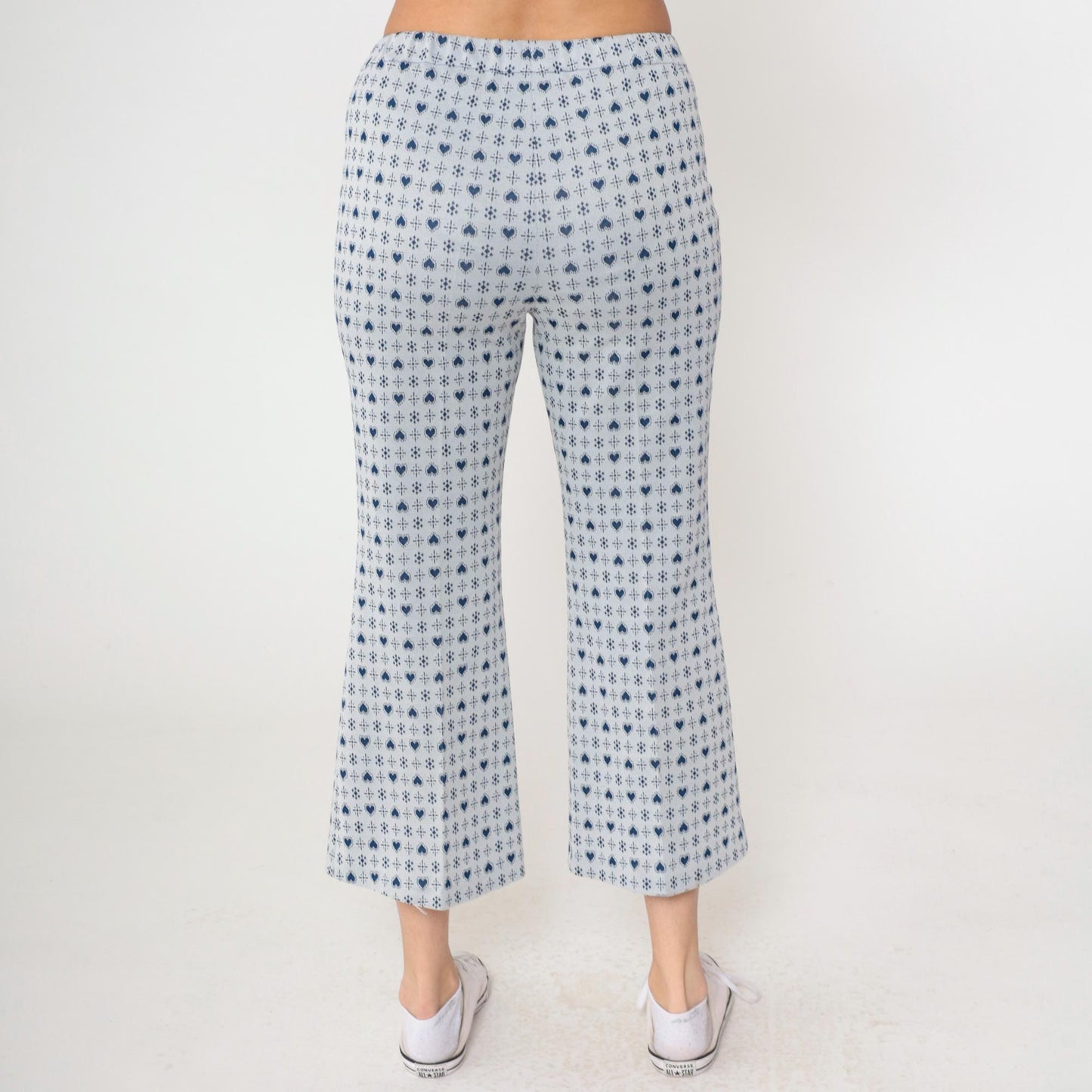 70s Heart Print Flared Trousers Grey Blue High Waisted Bell Bottoms Small