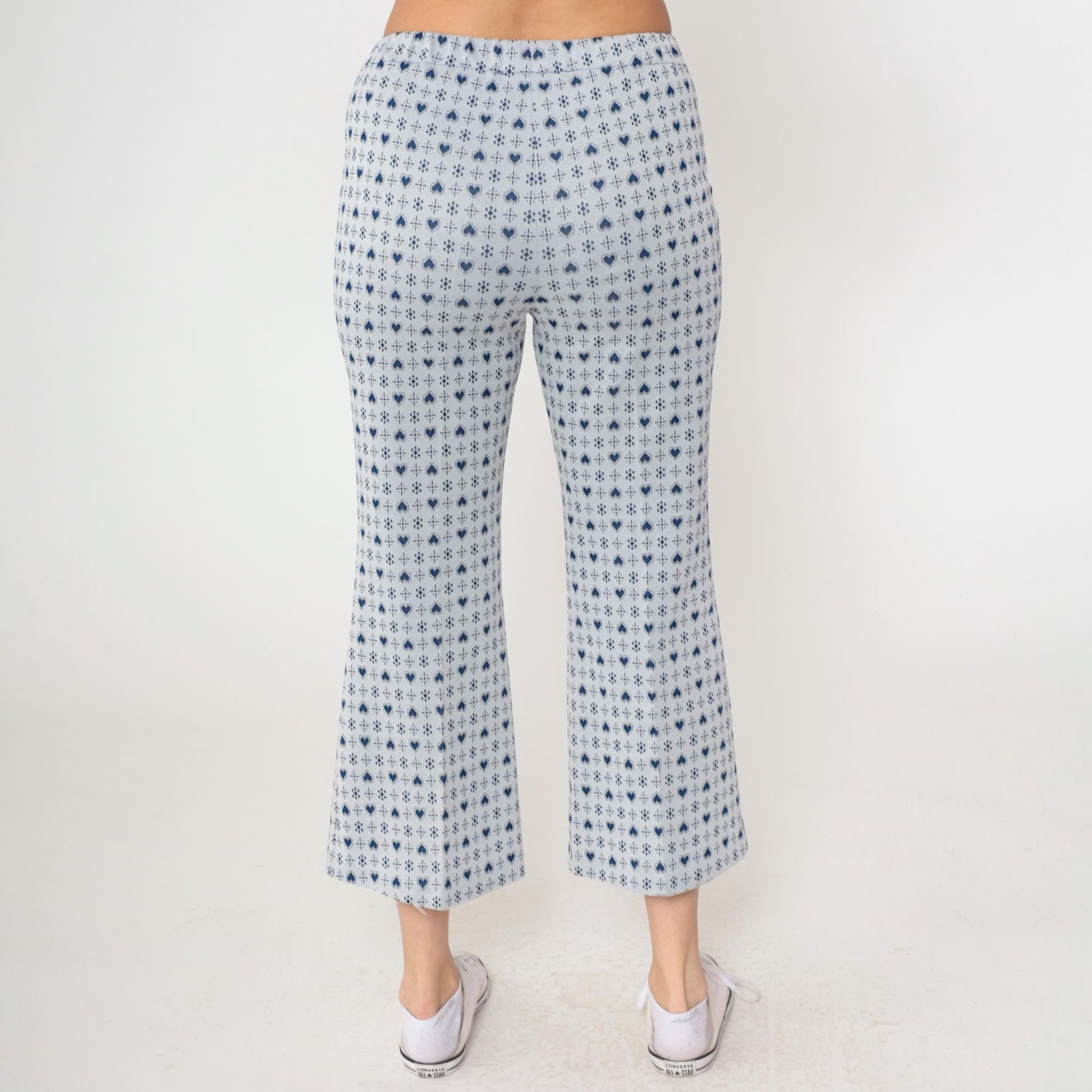 70s Heart Print Flared Trousers Grey Blue High Waisted Bell Bottoms Small