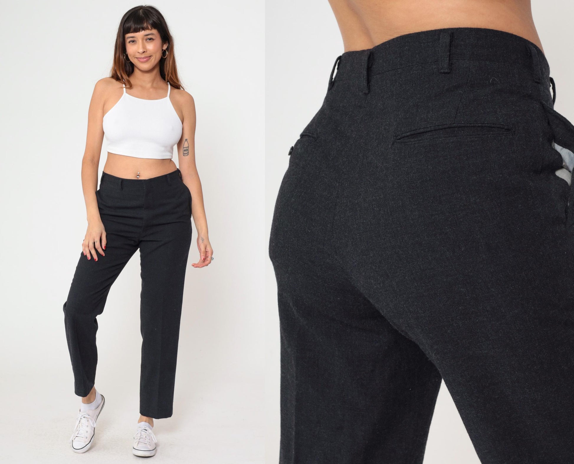 80s Wool Blend High-Waisted Straight Leg Trousers Charcoal Grey Medium