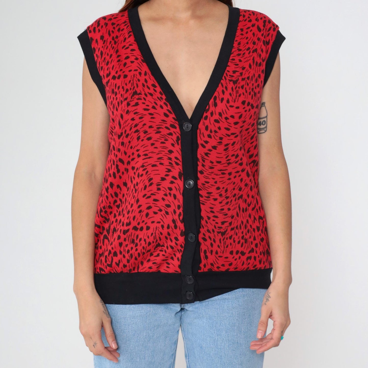 80s C'est George Red Leopard Print Vest V-Neck Sleeveless Button-Up Large L