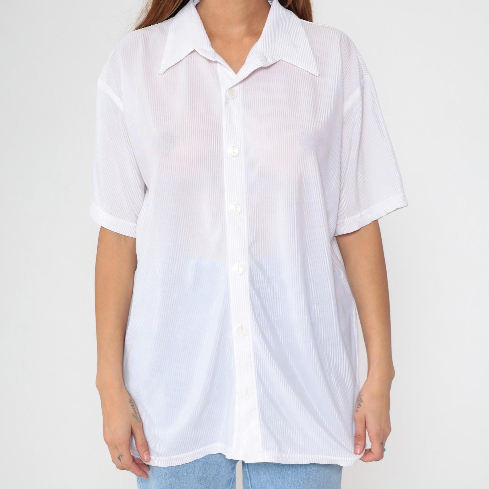 90s Positano White Ribbed Button Up Shirt Short Sleeve Collared Extra Large XL