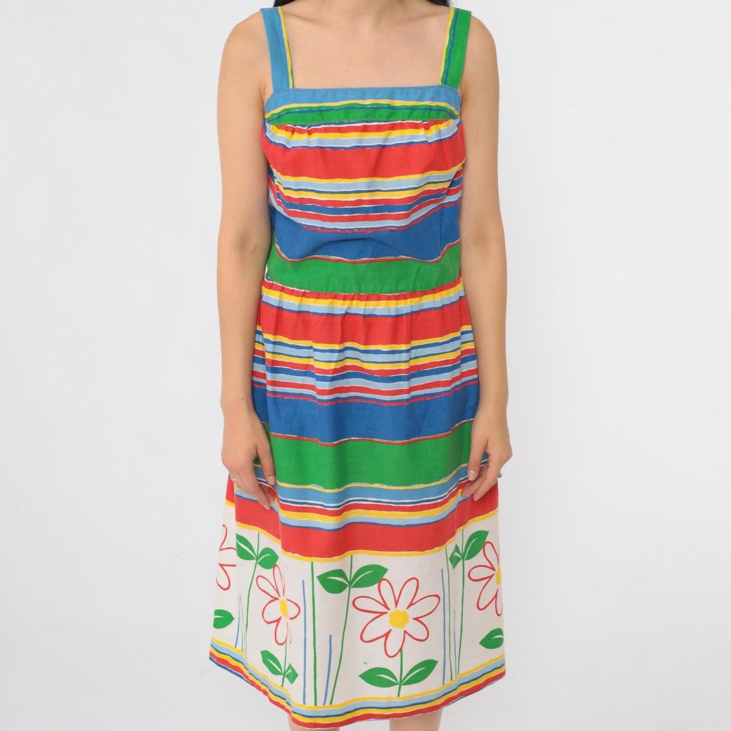 70s Striped Floral Midi Dress High Waist Smocked Back Sleeveless Small Medium