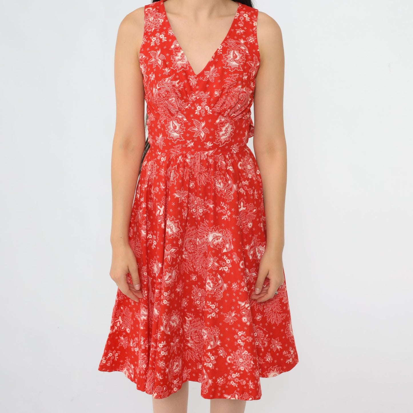 70s Red Floral Bird Print Sleeveless Dress High Waist V Neck Extra Small