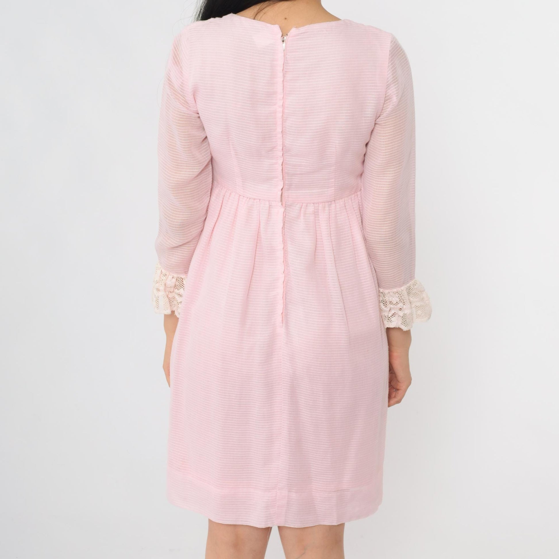 60s Pink Lace Babydoll Dress Empire Waist Mini 3/4 Sleeve Extra Small