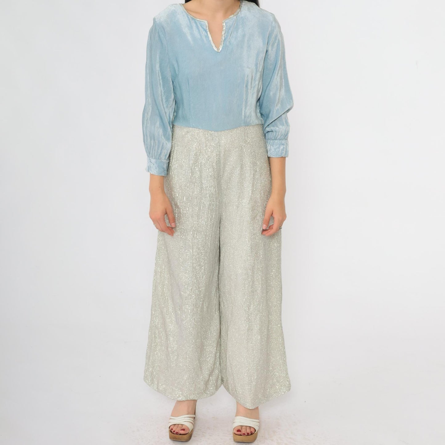 70s Metallic Velvet Jumpsuit Wide Leg Light Blue Silver V-Neck Small S