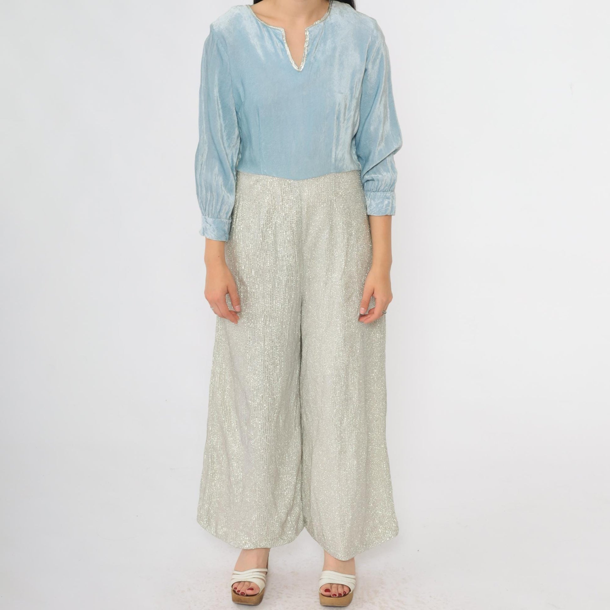 70s Metallic Velvet Jumpsuit Wide Leg Light Blue Silver V-Neck Small S