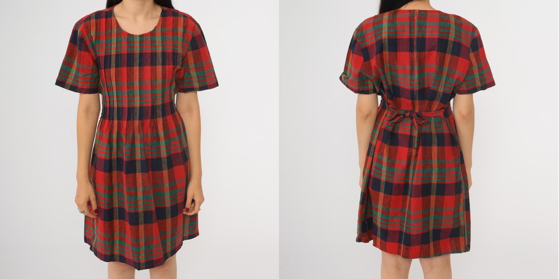 90s Plaid Mini Dress Red Blue Green Checkered Shift Linen Cotton Large