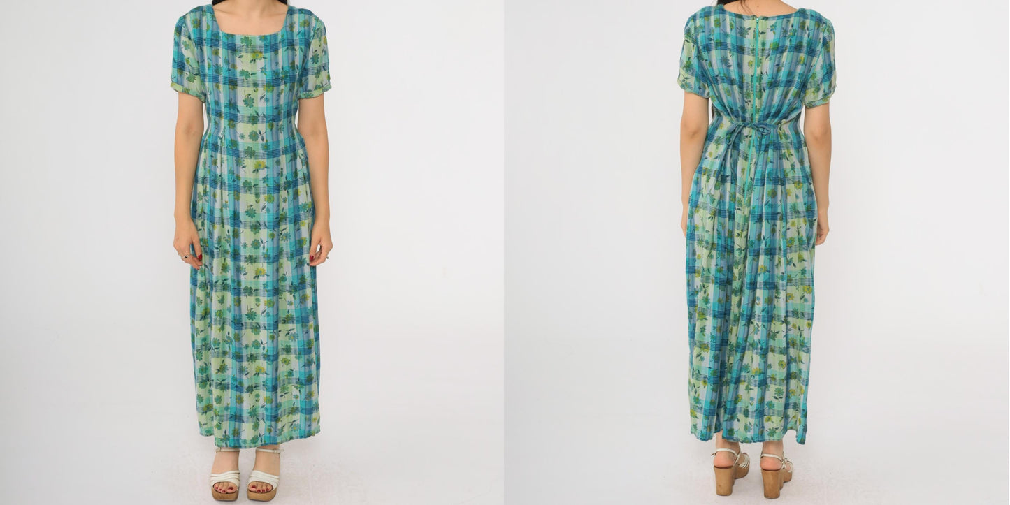 90s Sarah Elizabeth Checkered Floral Maxi Dress Blue Green Short Sleeve Medium