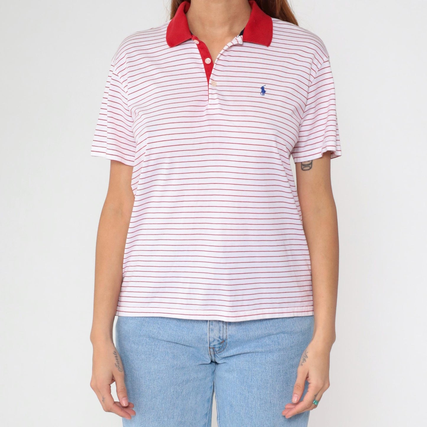 Y2K Ralph Lauren Golf Striped Polo Red White Quarter-Button Short Sleeve Medium