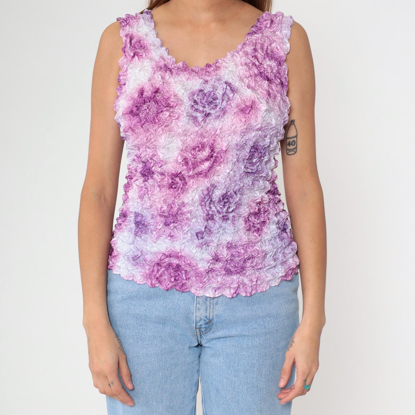 Y2K Purple Floral Popcorn Texture Tank Top Sleeveless Blouse One Size