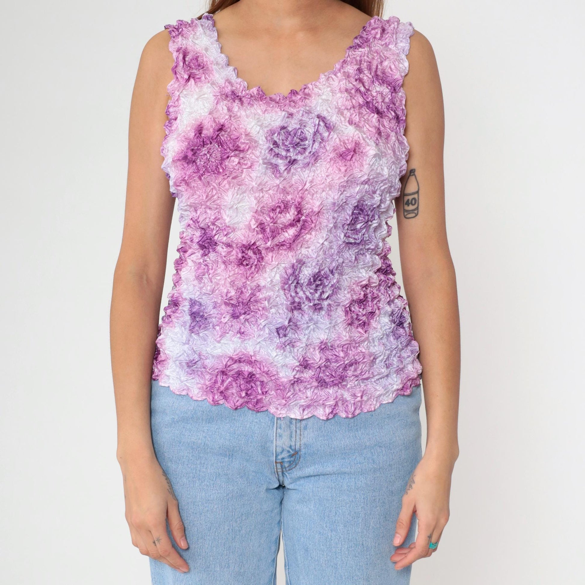 Y2K Purple Floral Popcorn Texture Tank Top Sleeveless Blouse One Size