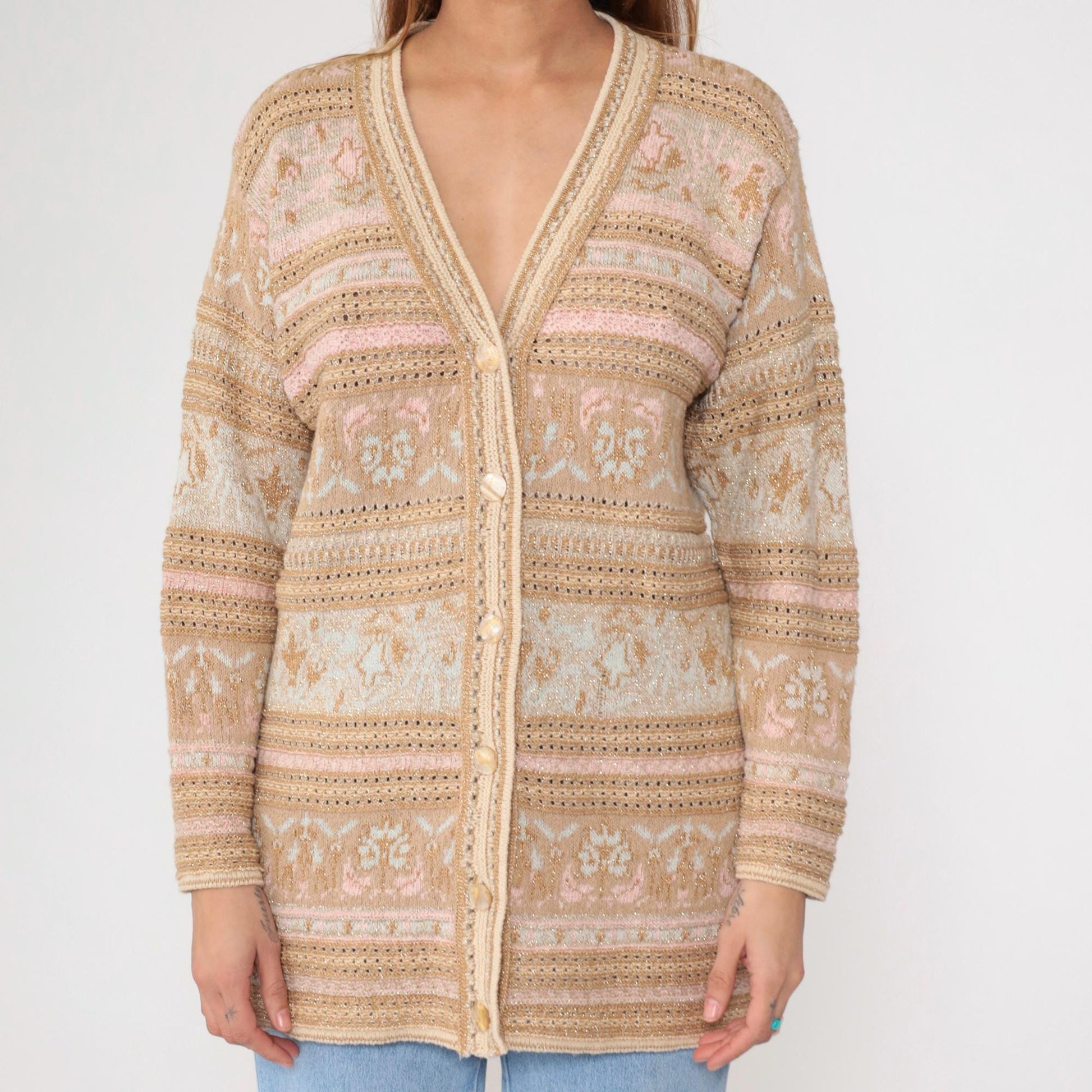 90s Lizsport Gold Floral Cardigan Sweater Tan Metallic Knit V Neck Small S