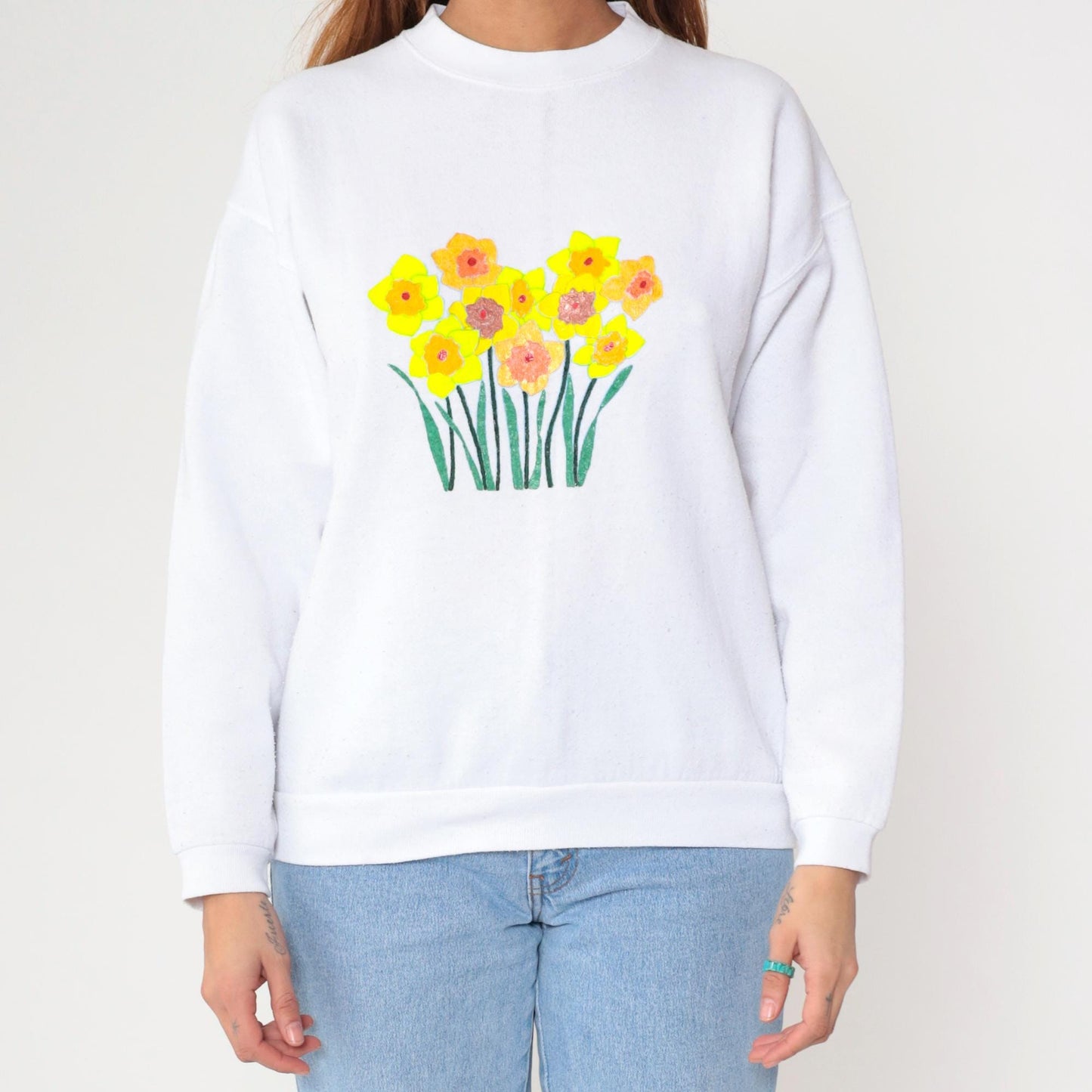90s Tultex Floral Hand Painted Sweatshirt White Crewneck Medium M