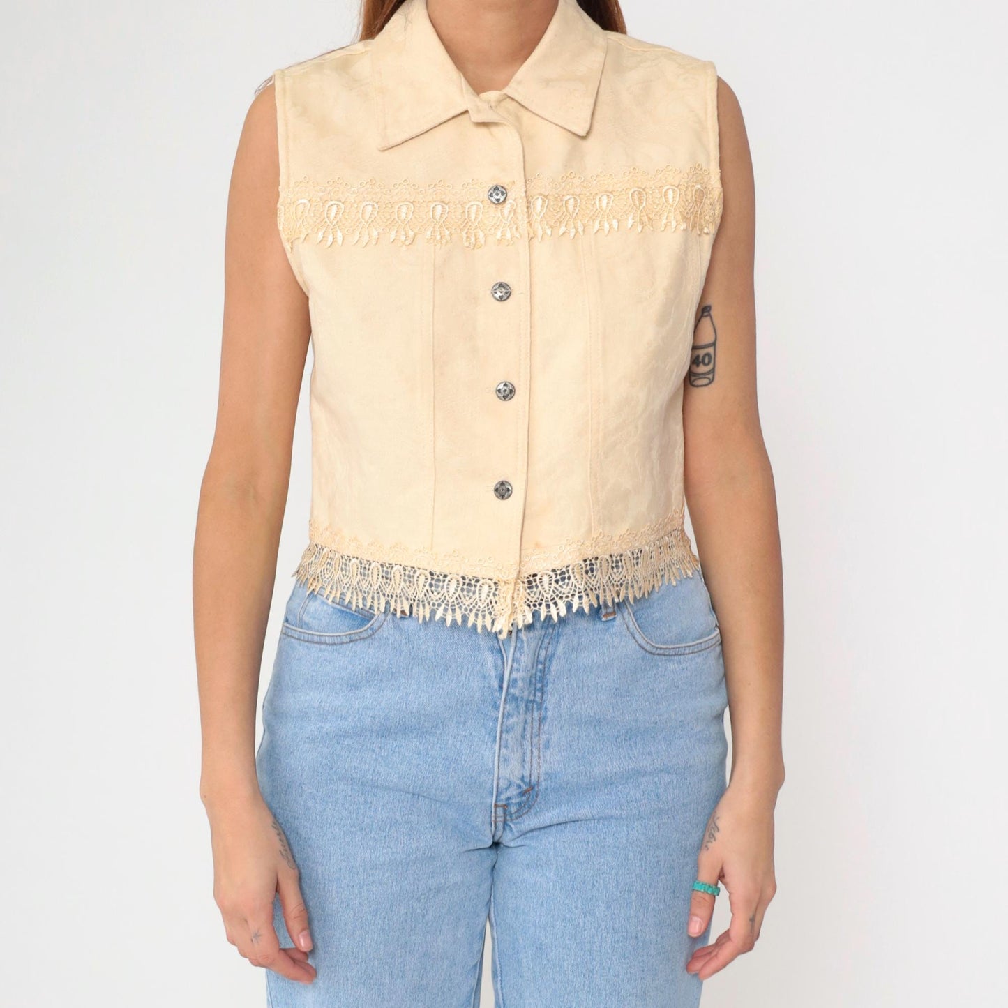 90s Cream Floral Jacquard Vest Cotton Button Up Cropped Medium M