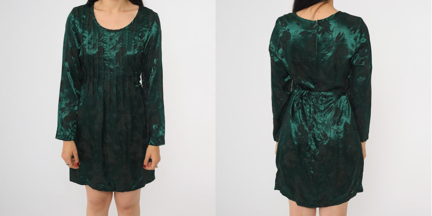90s Sarah Richards Green Satin Floral Mini Dress Long Sleeve Scoop Neck Small