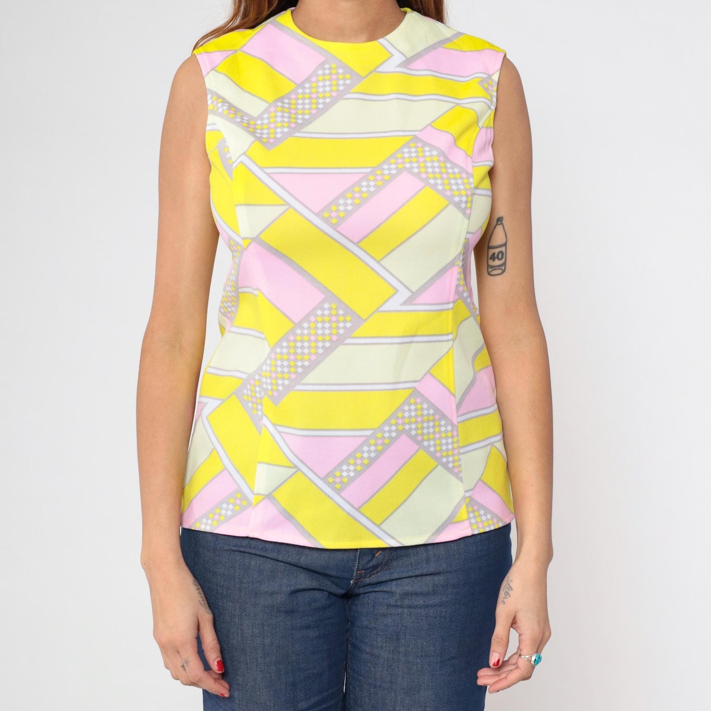 70s Geometric Tank Top Psychedelic Print Pink Yellow Sleeveless Medium M