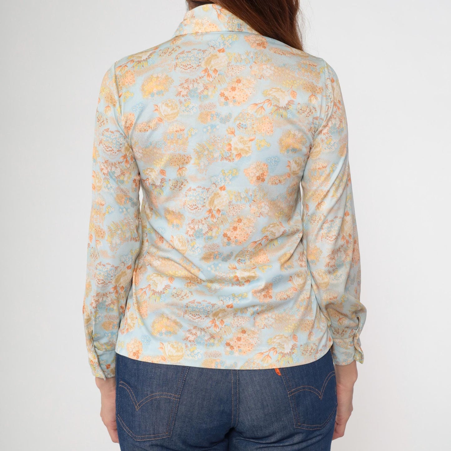 70s Sodi Floral Button-Up Blouse Blue Pointed Collar Long Sleeve Small
