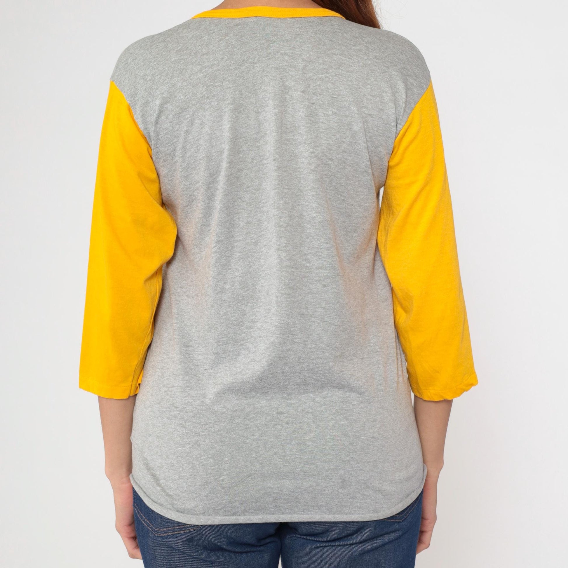 80s Merchants Baseball Shirt Grey Yellow Henley 3/4 Sleeve Medium