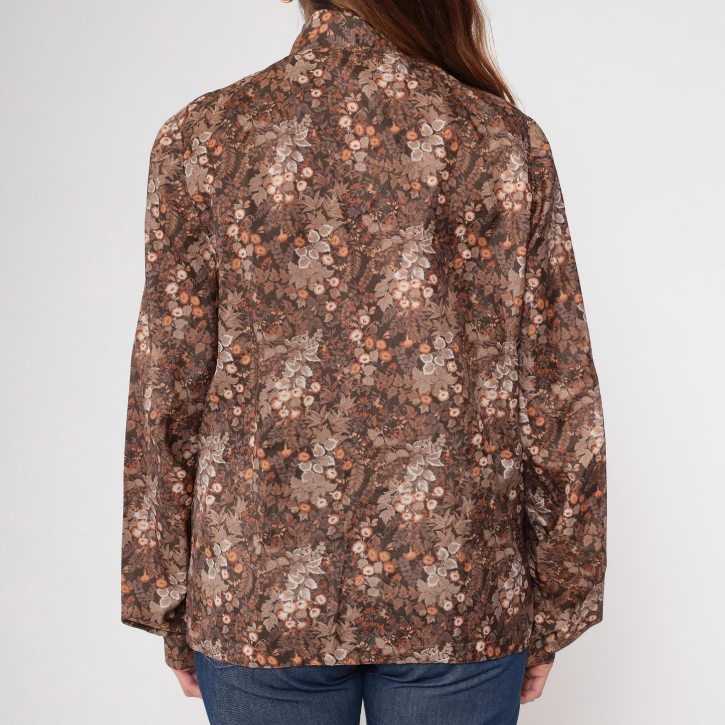 70s Brown Floral Ascot Blouse Button-Up Long Sleeve Large L