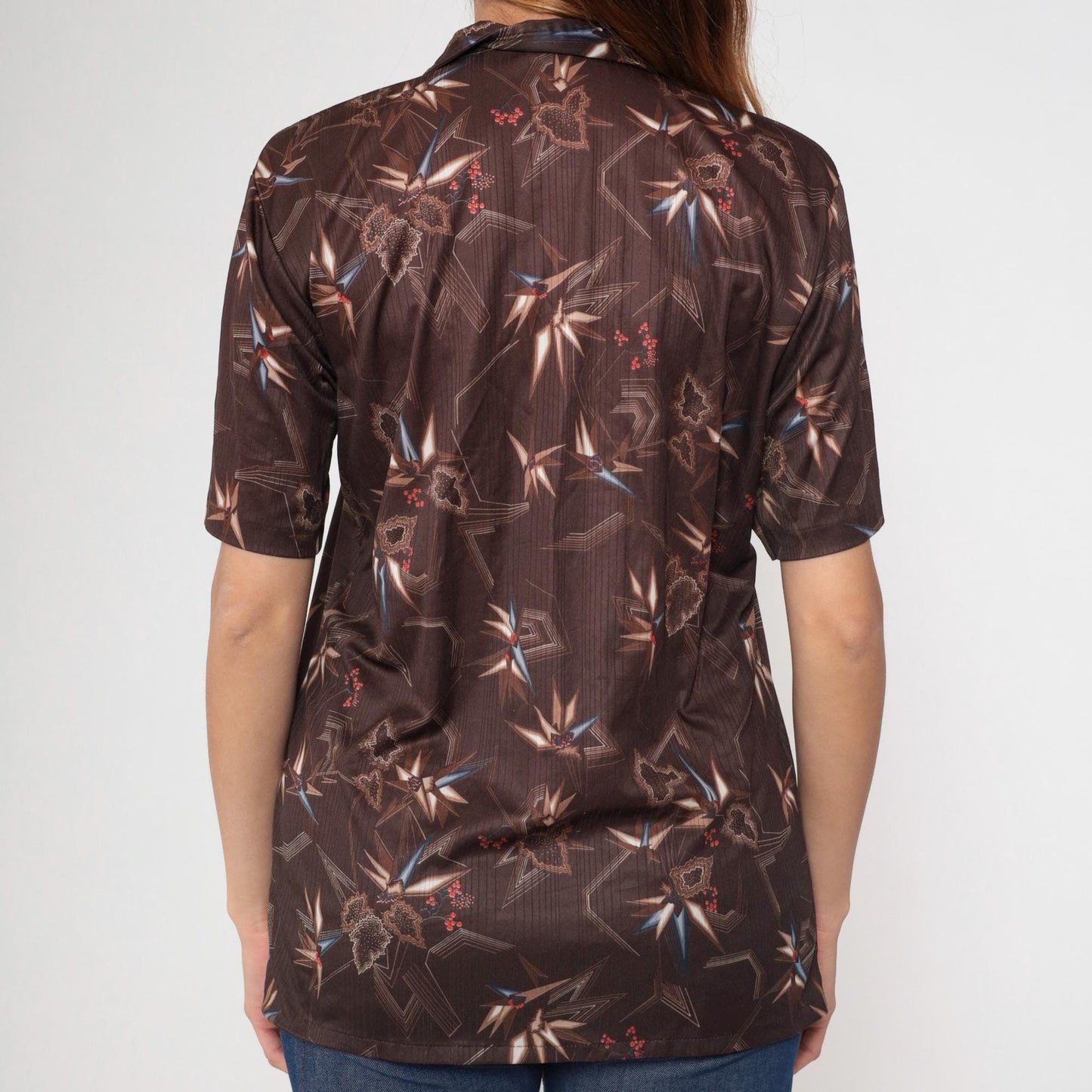 70s Stuart Mann Brown Geometric Print Button Up Shirt Dagger Collar Medium