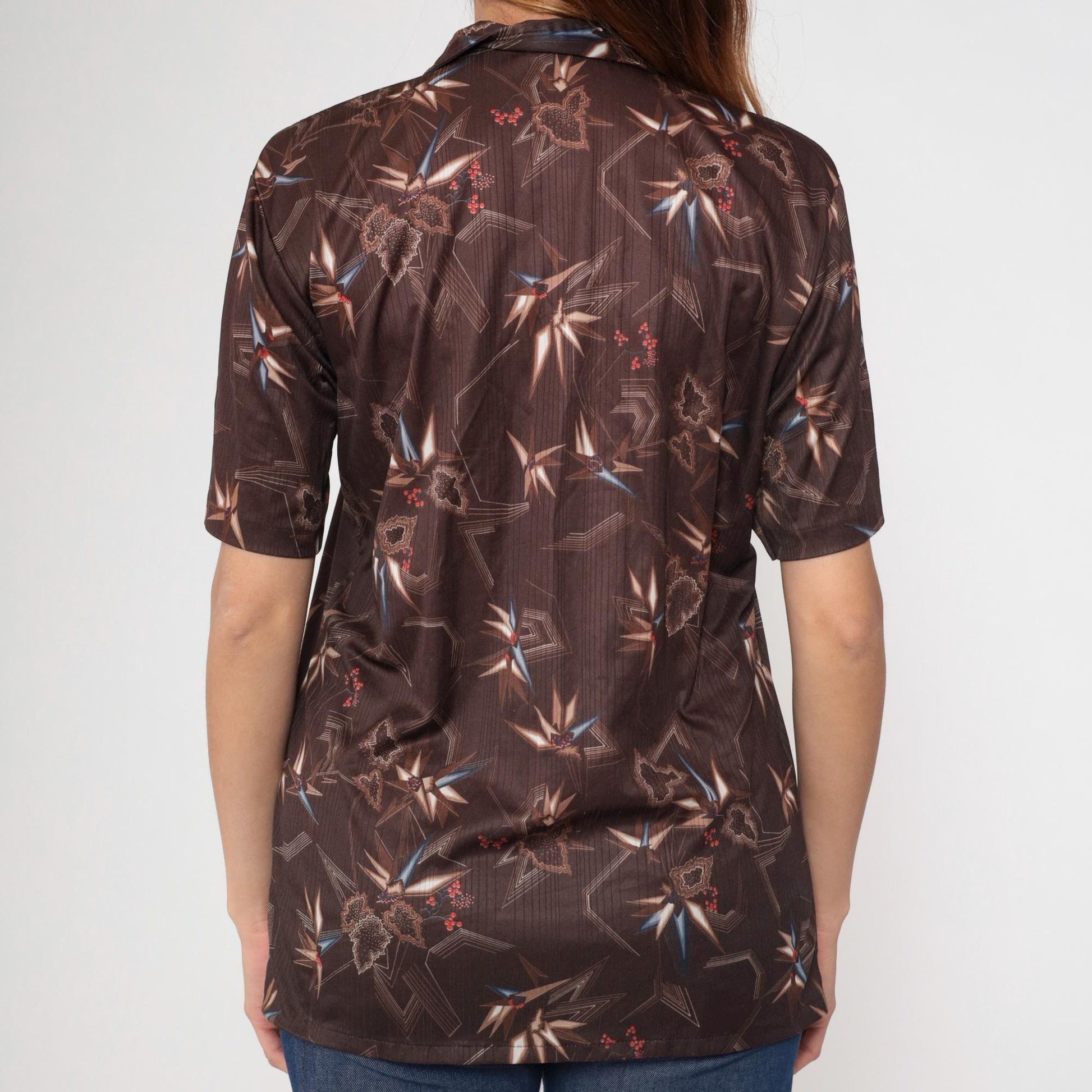 70s Stuart Mann Brown Geometric Print Button Up Shirt Dagger Collar Medium
